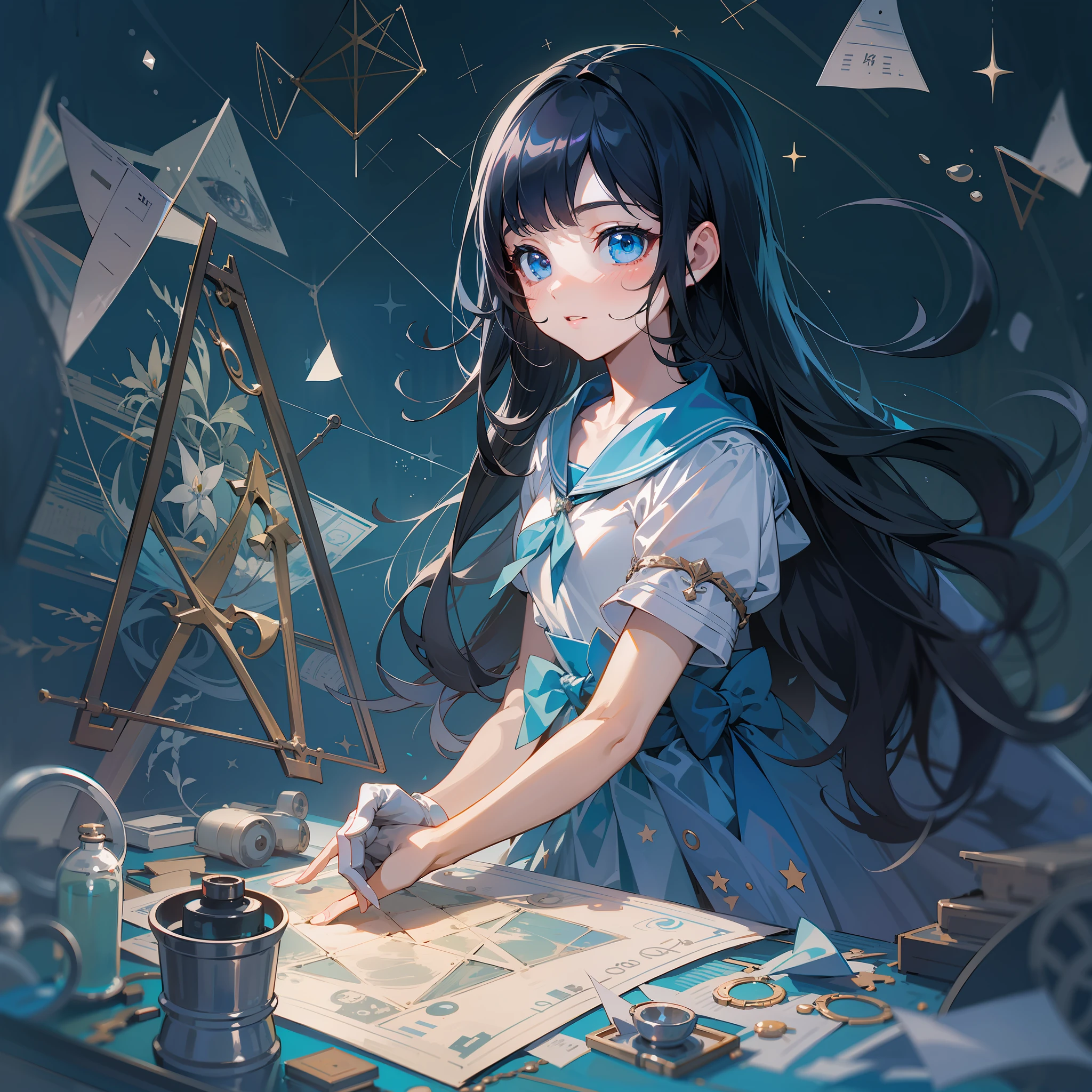a cute young girl,Has beautiful and delicate eyes and shiny black hair,Blue eyes appear extra bright against the background of black hair。Her hair fell naturally,Her beautiful eyes can be seen through her hair。The girl wears blue monochrome clothes,The mathematical formula is printed on it,This makes her smarter and cuter。She wears white gloves on her hands,Side light,The gloves have attractive reflexes。
There is a string of characters in the lower left corner of the picture,Added some mysterious atmosphere。The girl holds a triangular ruler in her right hand,Show creativity and curiosity。The background presents a high-profile effect like a sea of stars,It creates an imposing atmosphere,There are also elements of mathematical geometry and algebra in the background,Complements the triangular ruler in the girl's hand,It makes for a wonderful picture。