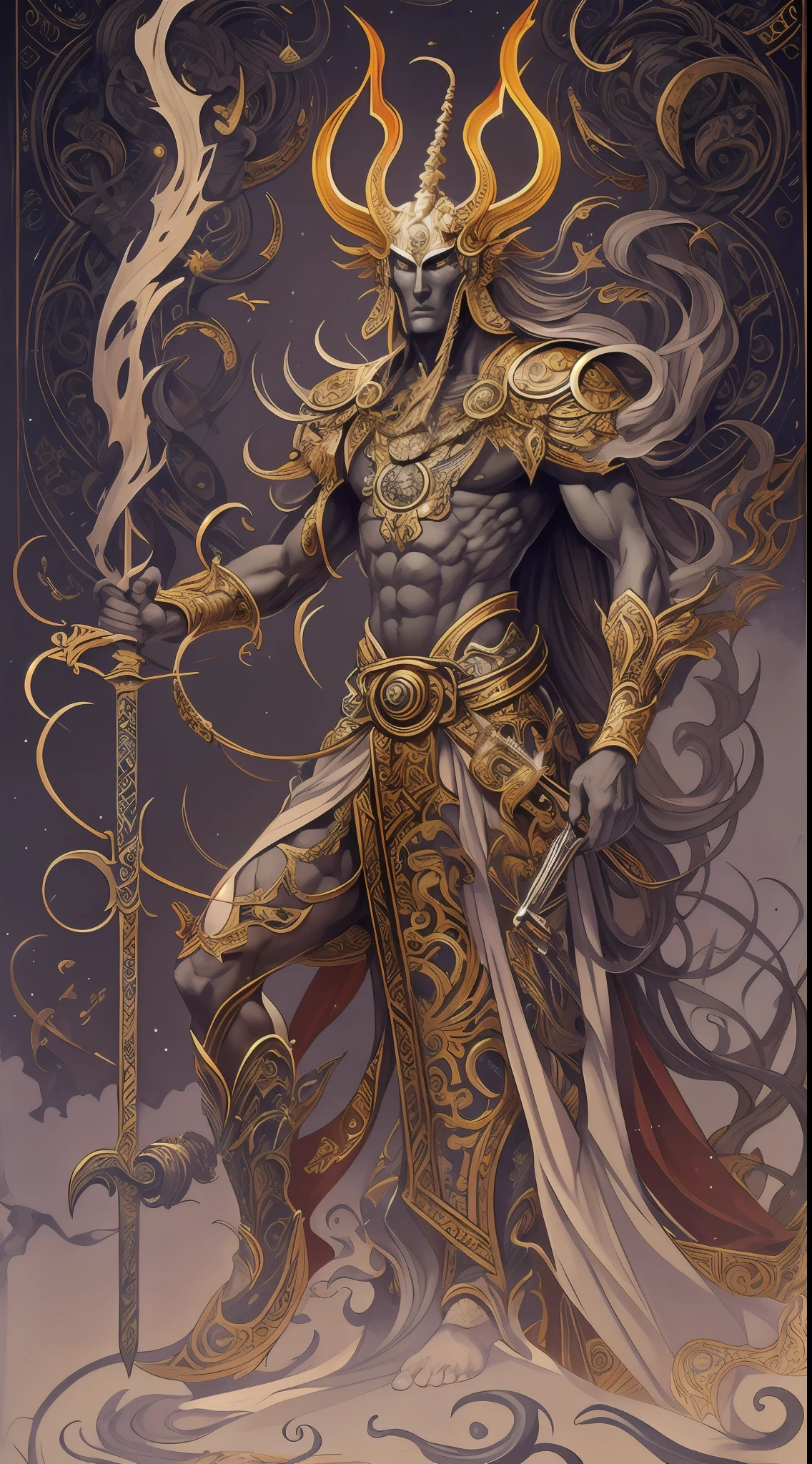 photore，sportrait，God floating on fire[The discovery of wormholes leads to a new world|The cursed prince must marry the Void]，[sci-fy：fanciful：0.6]cinmatic lighting，detailedbackground，at centre，Michael Bay style，insane detailed，k hd，concept-art，number art，with dynamism，（The most beautiful art in the world：1.2），（V0id3nergy：1.3），A man with a sword and a demon，beautiful male god of death，mohrbacher，Inspired by Shunkōsai Hokushu，In the artistic style of Morebach，asura from chinese myth，the god of chaos，Inspired by Ryūkōsai Jokei，Style Peter Molbach