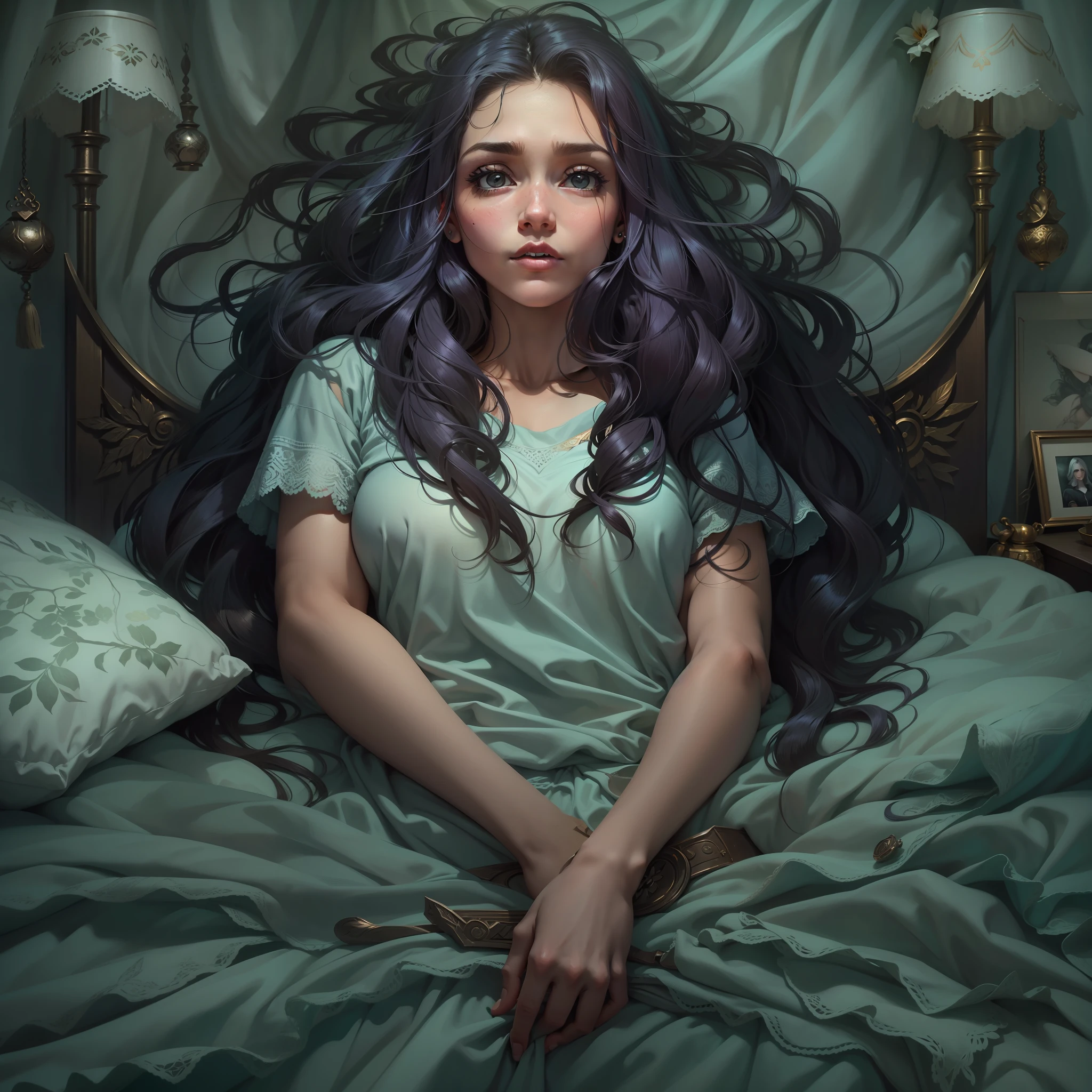 Uma mulher com chifres de cabelos pretos e compridos deitada em uma cama de pijama, rosto bonito, symmetrical face, imagem de alta qualidade, Fantasy art, arte realista, imagem em alto detalhe, imagem de corpo inteiro, em um quarto