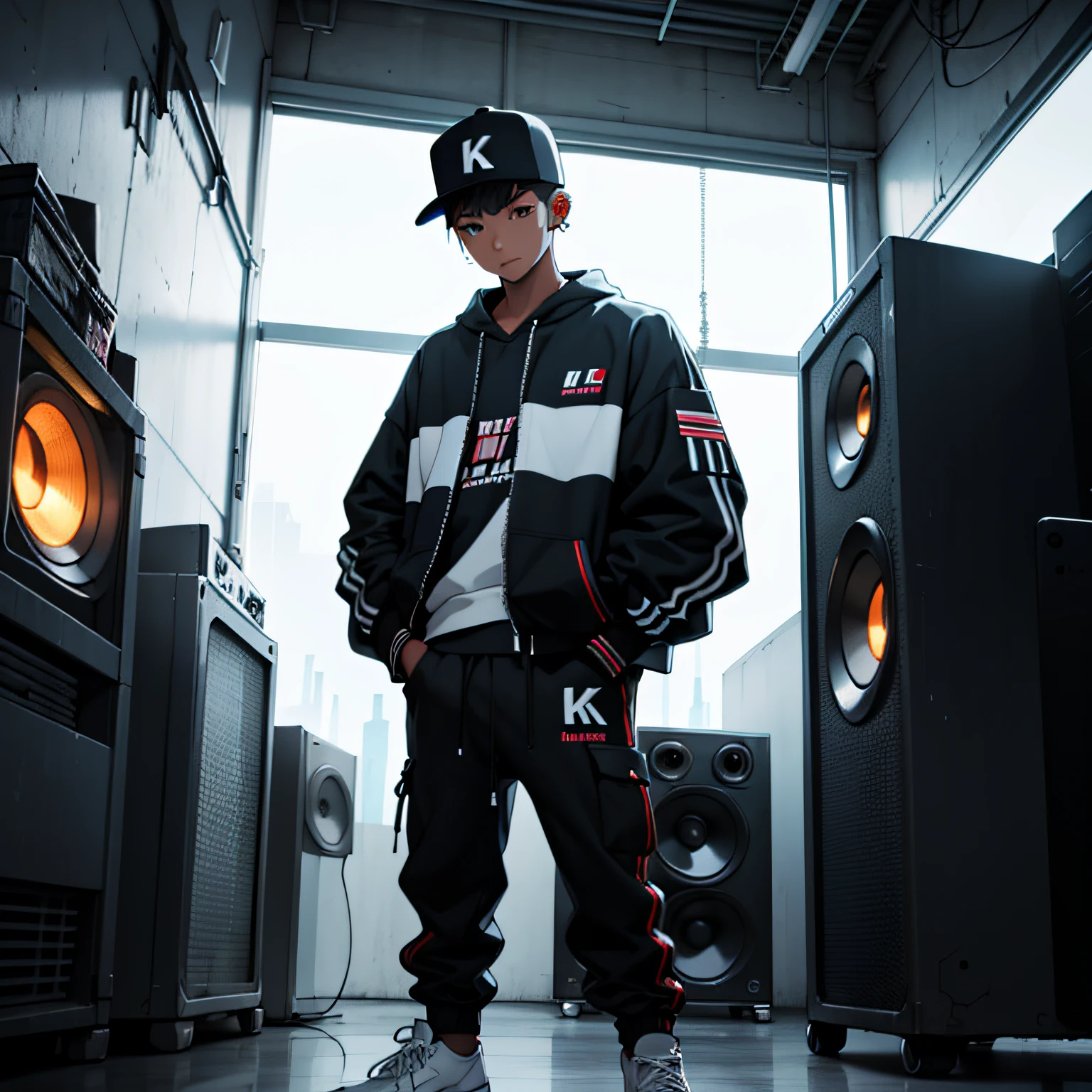 Image of a boy standing enjoying a song, (well defined face 4k), wearing hip-hop style clothes, speakers, 90's style