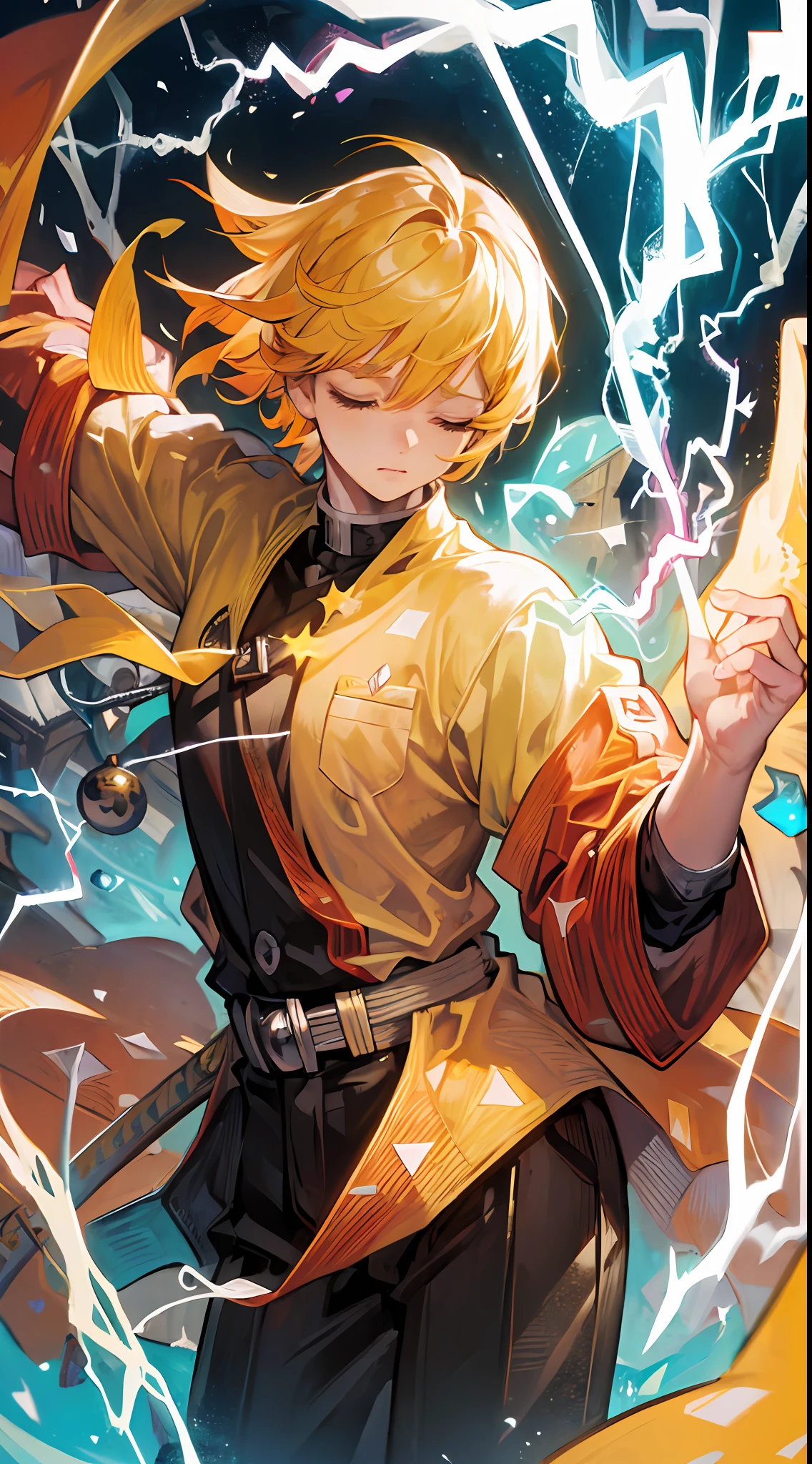 (((master piece))),((best quality)),((((town)))),detailed,1boy,solo,resting, yellow hair,just suit,pants,closed eyes,(((electricity))),katana,holding sword,bird, animal,animal on shoulder,ultra detailed face