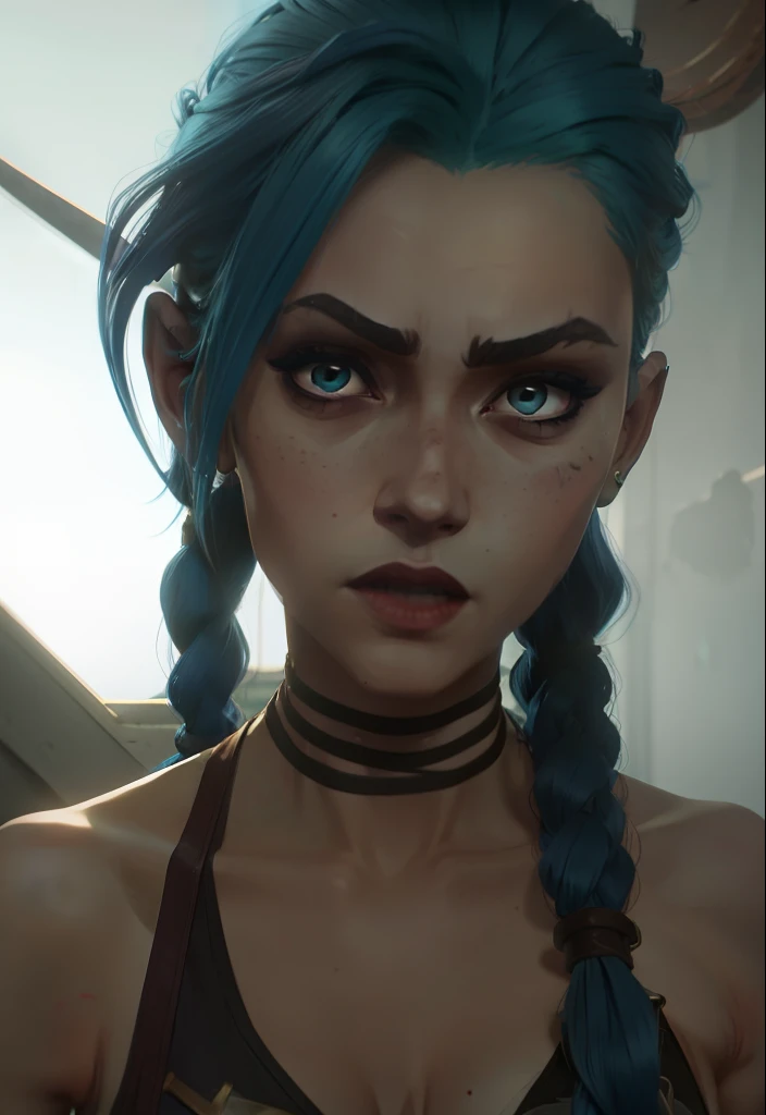 Jinx, estilo arcano, 1girl, asymmetrical bangs, franja azul, cabelo azul, pigtail, camisa marrom, tatuagem de nuvem, cabelo azul, jinx de cabelo longo, diafragma, olhos de cor rosa, red-lips,, twin braids, Jinx,  Jinx de Arcane\(league of legends\)