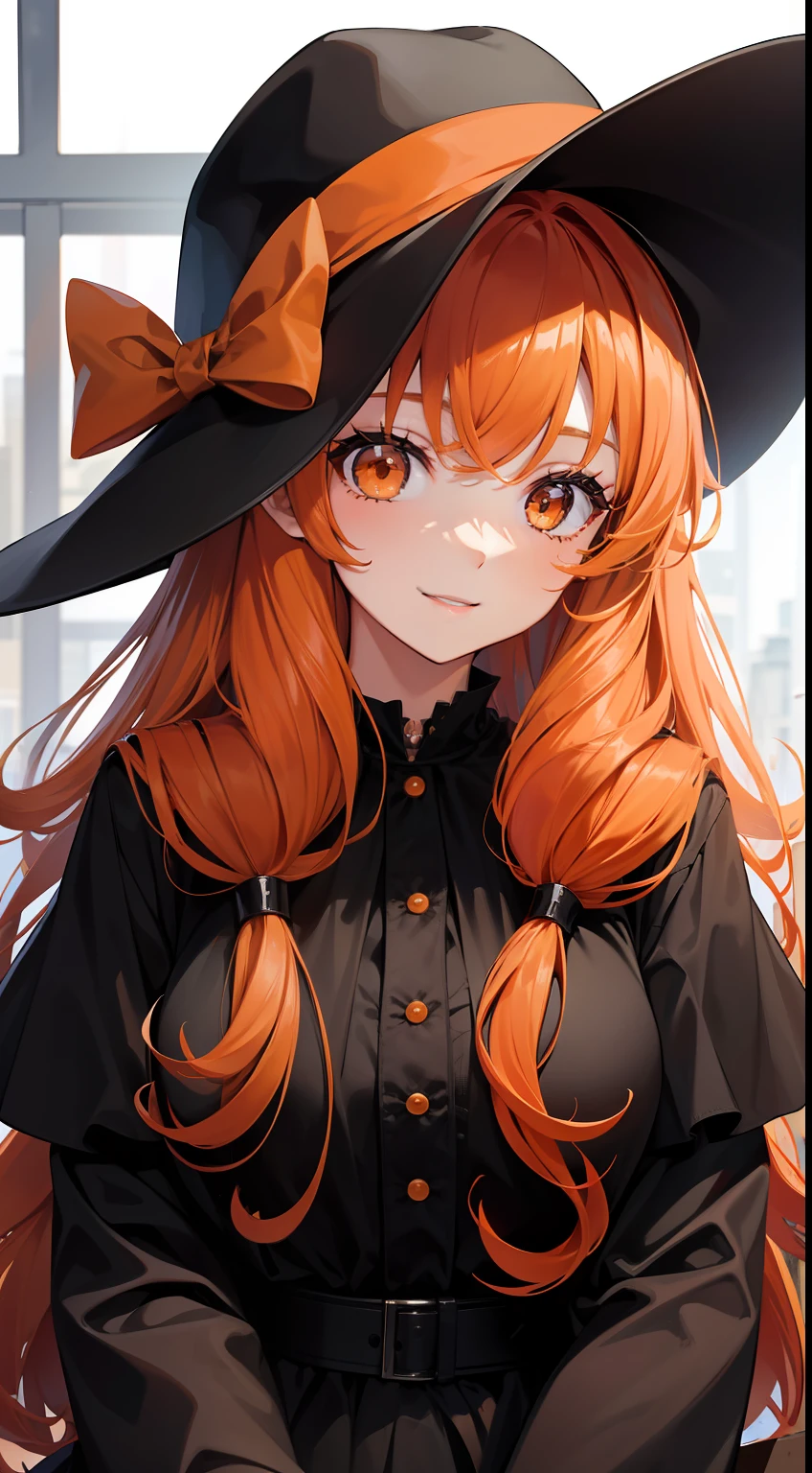 adult girl, long curly orange hair, Orange Eyes, black dress and hat, ssmile, Masterpiece, hiquality