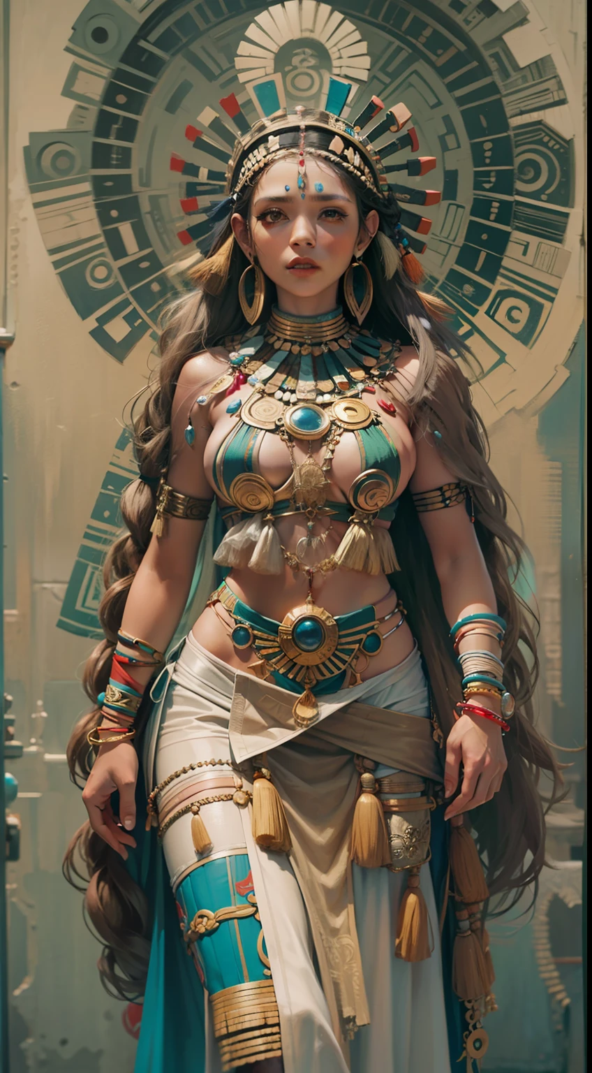 Beautiful woman in insanely intricate Mayan shaman Outfit