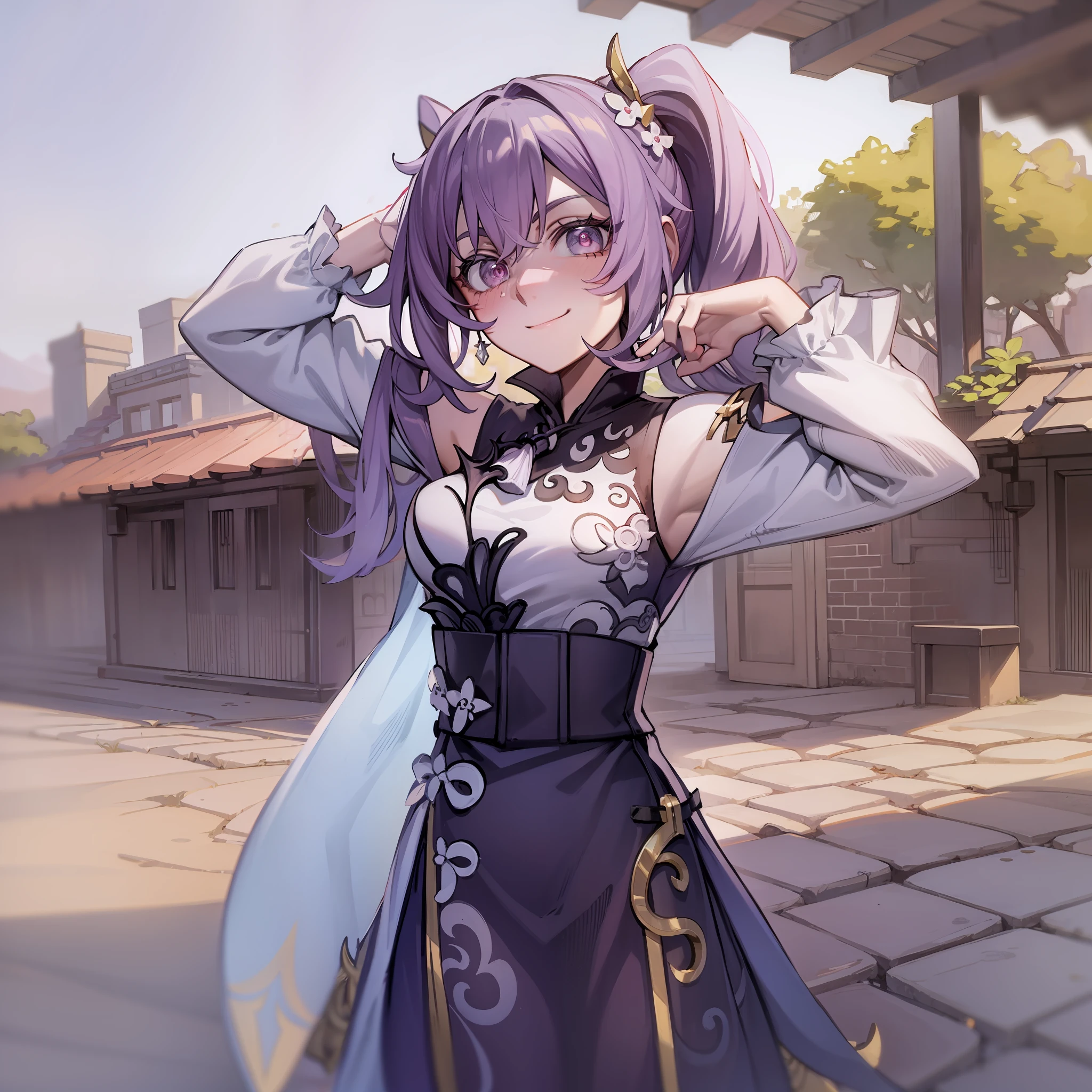 female child, keqing (genshin impact), arms up, looking at viewer, purple hair, pink pupils, (white background:1.4), (masterpiece, best quality:1.2), (solo), (1girl), best quality, (photorealistic:1.4),ultra detailed, solo, (full body:1.5), standing, love in eyes, double ponytail, blushing, cute, smile, china dress, china outfit, long sleeves, miniskirt