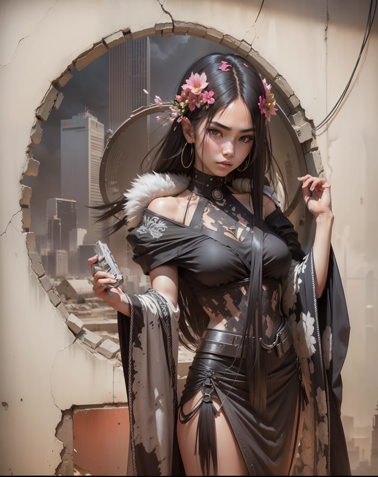 RAW photo, a close up portrait photo of brutal 25 y.o woman, long haircut, white skin, slim body, background is city ruins, (high detailed skin:1.2), 8k uhd, dslr, soft lighting, high quality, film grain, SONY α7RM5