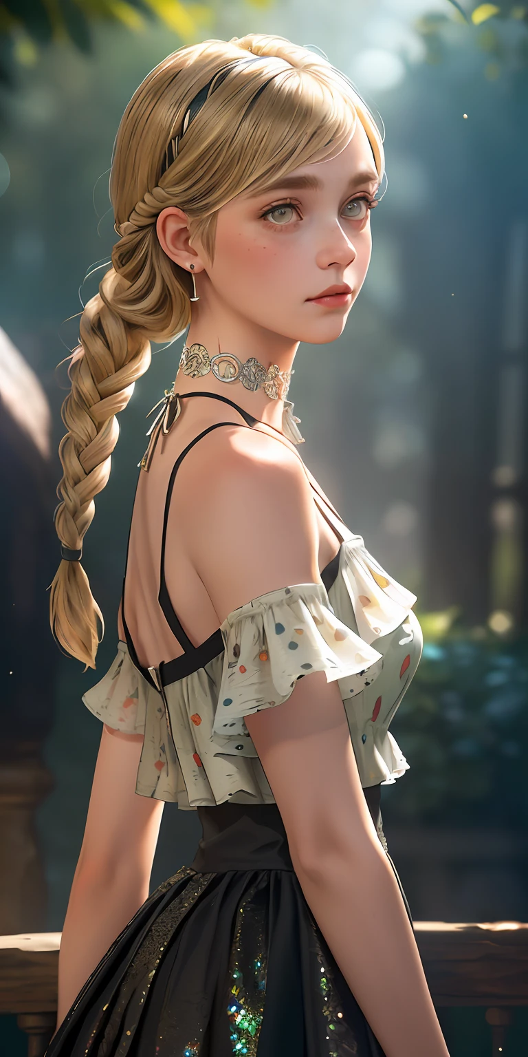 (Masterpiece, Best quality), 1girll, Intricate details, print, Earrings, freckle, Upper body, Bokeh, Dappled sunlight, Blonde, cropped shoulders, high waisted skirt, choker necklace, view the viewer, french braid, bangs, clothing cutout, glitters, Particle, strap slip,nakeness