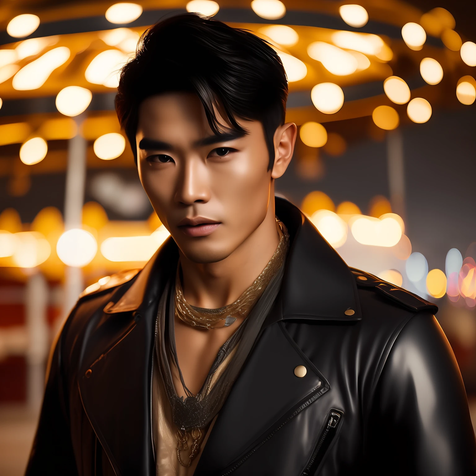 (1 Men,(8K:1.3), Knight image,Asian man photo,Mature men(Best quality, Masterpiece), 超高分辨率:1.2,The silhouette blends in with Korea&Japanese male style,The image is based on a 30-year-old man,The character's facial contours are three-dimensional,Be three-dimensional,Wild like a motorcyclist, Wear leather textured gloves(Full of detail),Short brown hair(Gradient lighting), 1 man, The skin texture is clear, Look ahead,The man's eyes were anxious,Chapped lips,Sweat on the forehead,The eyes are slender, (Photorealistic:1.4), (Best quality:1.0), (超高分辨率:1.0), 8K, RAW photo, (Masterpiece:0.2), (PureErosFace_V1:0.5),Feral male image, Men's leather biker jacket(metallic buttons),Several patterned printed shirts,Wear necklaces and bracelets and 3 metal chains in different styles,A thick rope is tied around the waist, The venue is located in front of the amusement park carousel, The man's expression was nervous,Liso's action,mystical ambiance,Male posture and male facial features(Three-dimensional),Hair is scattered and layered,Lights illuminate the characters from top to bottom,Bare hair,sun light,画面压抑而紧张➕全男性特征元素