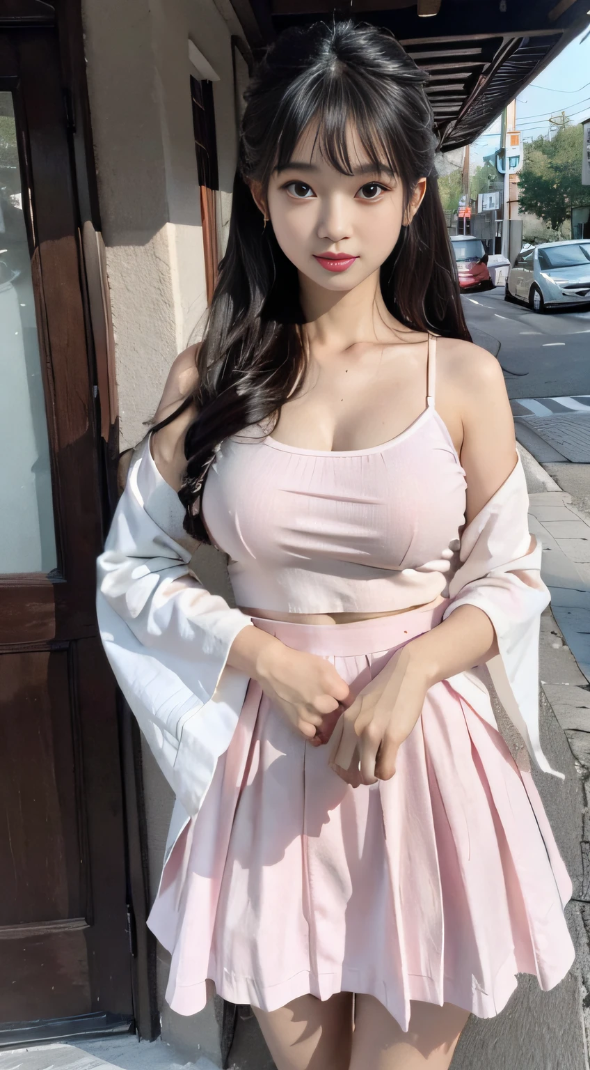 Master quality, highest quality, best picture quality, exaggerated details, a princess cute 8 asian little gth a shy expression, slightly squinted eyes, adjusting her hair, long eyelashes (long hair / very, very exaggerated big breasts, big tits / in pink white petticoat hanfu, short skirt), posing in front of the camera, wet breast see under wear, open hanfu