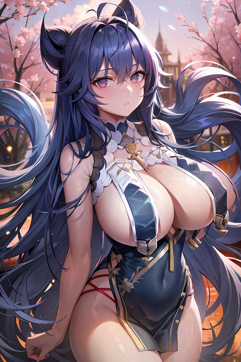 tmasterpiece， Best quality at best， 1girll， long whitr hair， looking at viewert， ：3， adolable， black school uniform， exteriors， the street， cowboy lens，big cleavage breasts， curves， （（（eBlue eyes）））， Rias Gremori，Blue hair， Antenna hair， wavey hair， （（beatiful detailed eyes，beautiful detail glow）），huge tit，