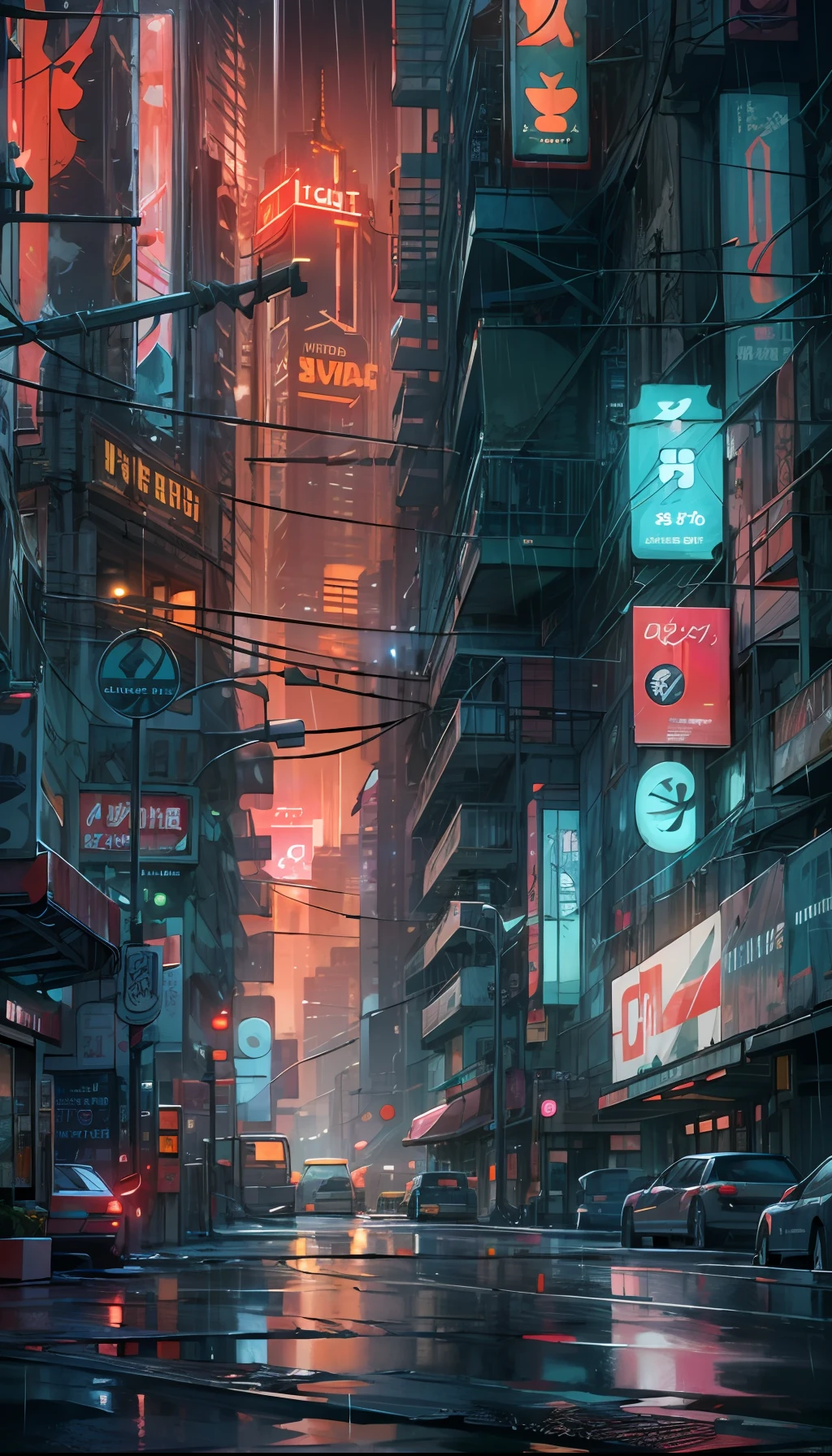 masterpiece, best quality, Cyberpunk cyberpunk street scene, cityscape, dazzling cyberpunk skyscrapers, neon signs, LED lights, wet and rainy, bright and vivid color scheme, anime, illustration, intricate details, ultra detailed, cinematic lighting, dark shadows.