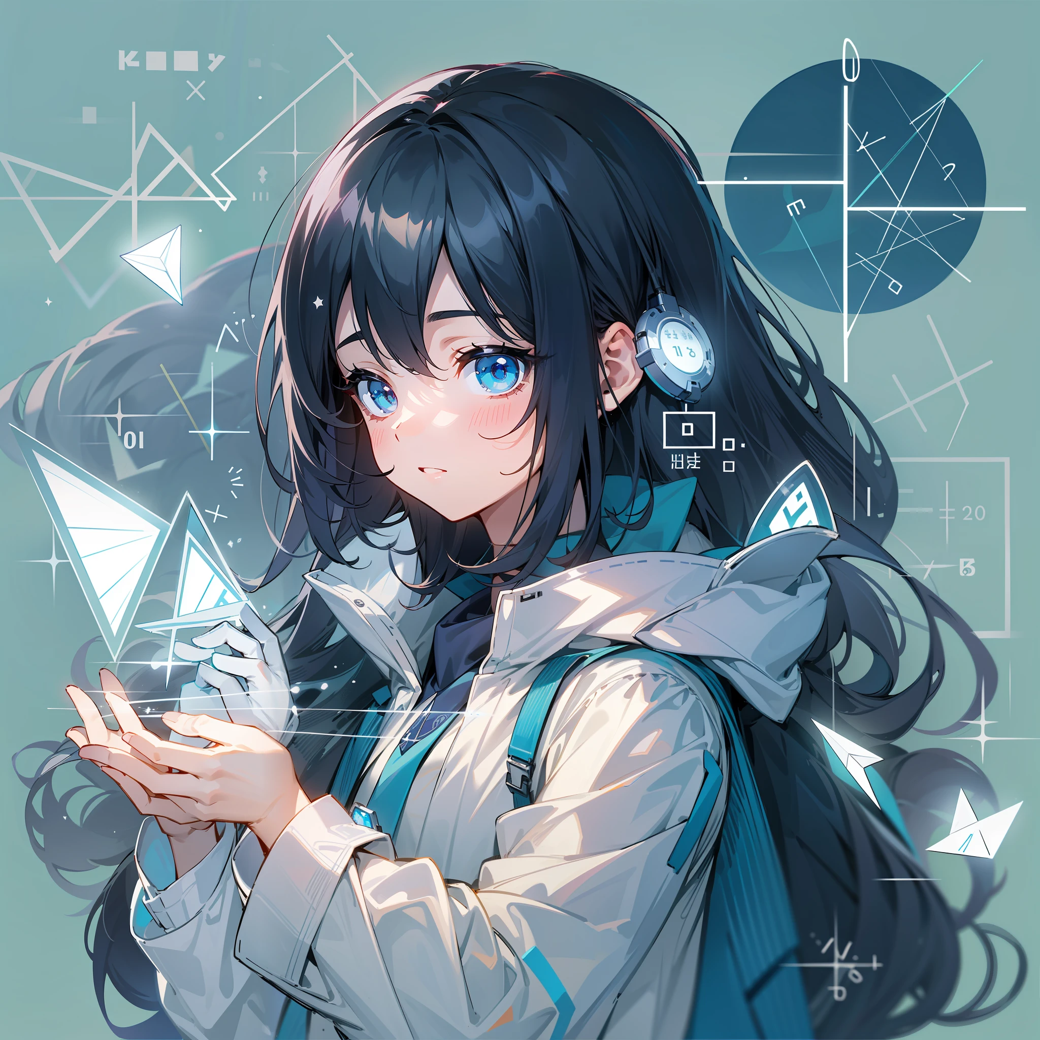 A lovely young girl，Has beautiful and delicate eyes and shiny black hair，Blue eyes look extra bright against the background of black hair。Her hair fell naturally，Her beautiful eyes can be seen through her hair。The girl was dressed in blue monochrome，Mathematical formulas are printed on it，It makes her more intelligent and cute。She wears white gloves on her hands，Side light，The gloves exhibit attractive reflections。
There is a string of characters in the lower left corner of the picture，Added some mysterious atmosphere。And the girl's right hand holds a triangular ruler，Appear creative and curious。The background presents a high-profile effect like a sea of stars，It creates an imposing atmosphere，There are also elements of mathematical geometry and algebra in the background，It complements the triangular ruler in the girl's hand，It makes up a wonderful picture。