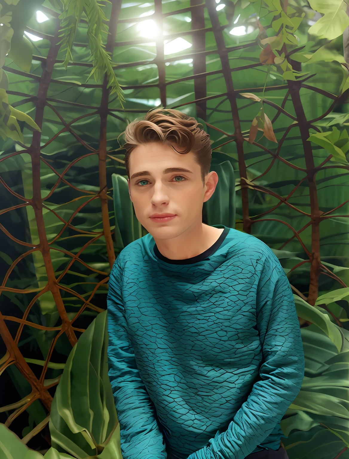 a man in a stunning teal suit, in a jungle paradise, perfect day, close up, clean shaven, [smiling], raw, 8k uhd