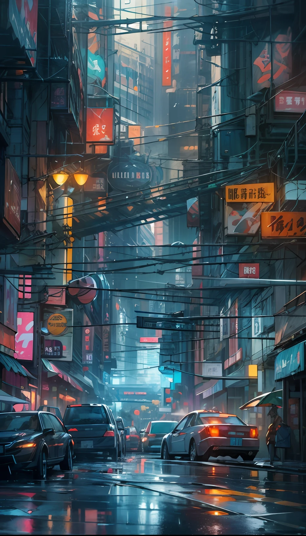 masterpiece, best quality, Cyberpunk cyberpunk street scene, cityscape, dazzling cyberpunk skyscrapers, neon signs, LED lights, wet and rainy, bright and vivid color scheme, anime, illustration, intricate details, ultra detailed, cinematic lighting, dark shadows.