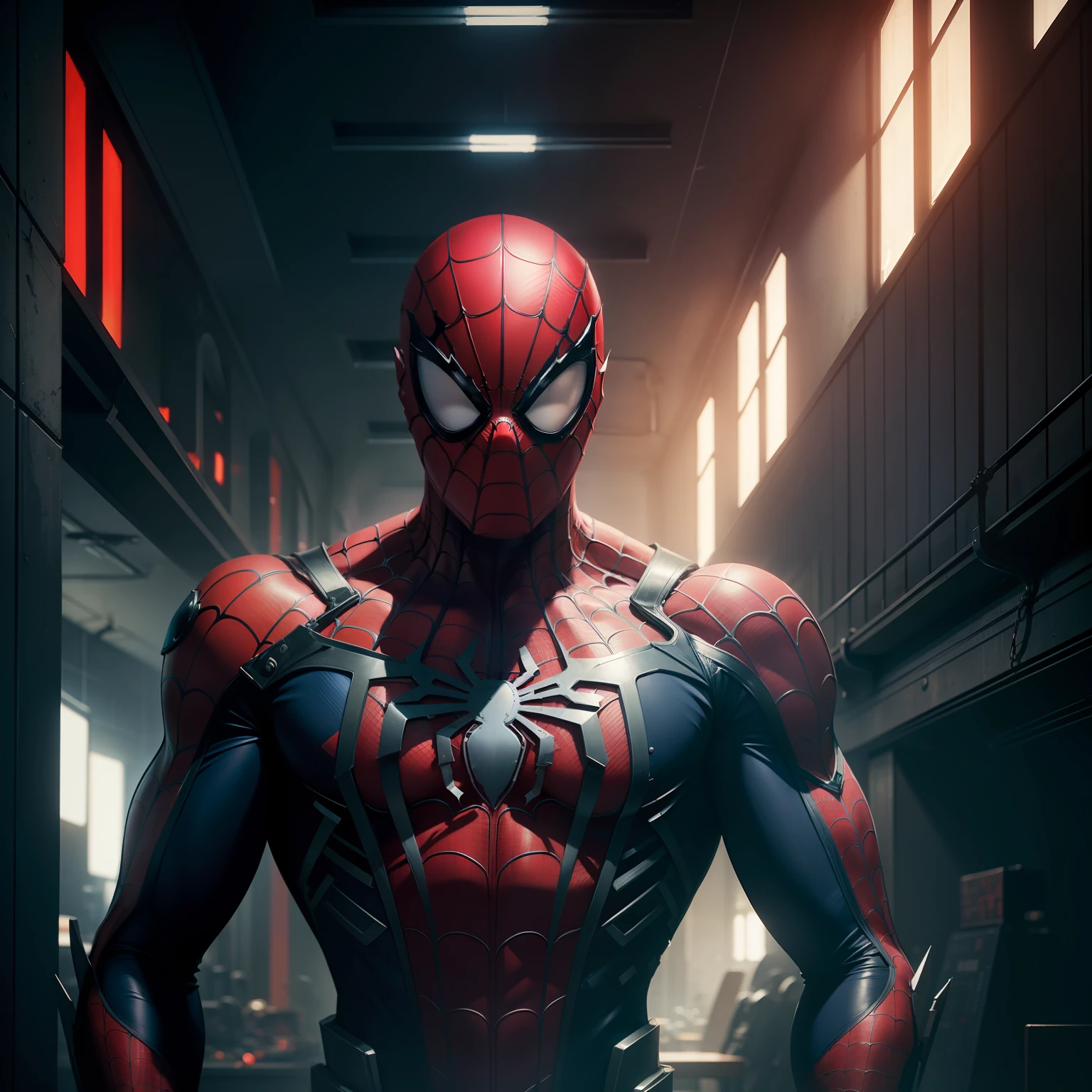 gloomy portrait of Bloody Spider-Man from Marvel with intricate angular cybernetic implants inside a brutalist building, gothic brutalist cathedral, cyberpunk, award-winning photo, bokeh, neon lights, cybernetic limb