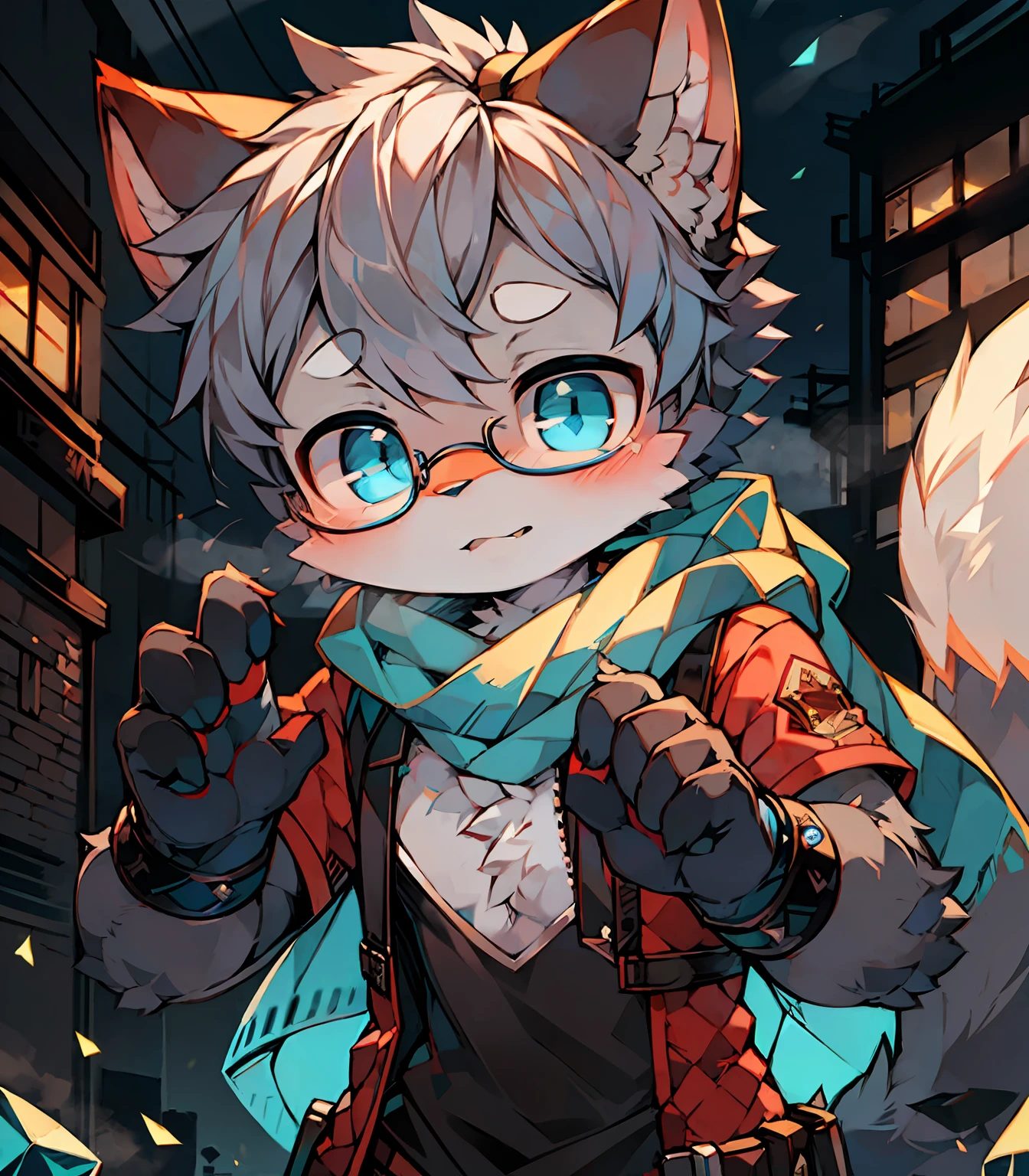 Highest image quality，Delicate painting style，Delicate hook lines，tmasterpiece，Fine fine skin，Delicate hair，Complete painting，A masterpiece，Delicate hands，finely-detailed eyes，Normal eyes，Gray cat ears，Furry，Gray hair，Black-framed round glasses，eBlue eyes，adolable，Handsome，（（White scarf）），Cat style，Shota，cyber punk perssonage, Blue pupil, city night scene, Gray hair, By bangs，Dappled light and shadow, steampunc，short detailed hair，ember，There are bright eyes of God, Crystal fragments in the air, 城市，（（Fighting posture）），Battle damage