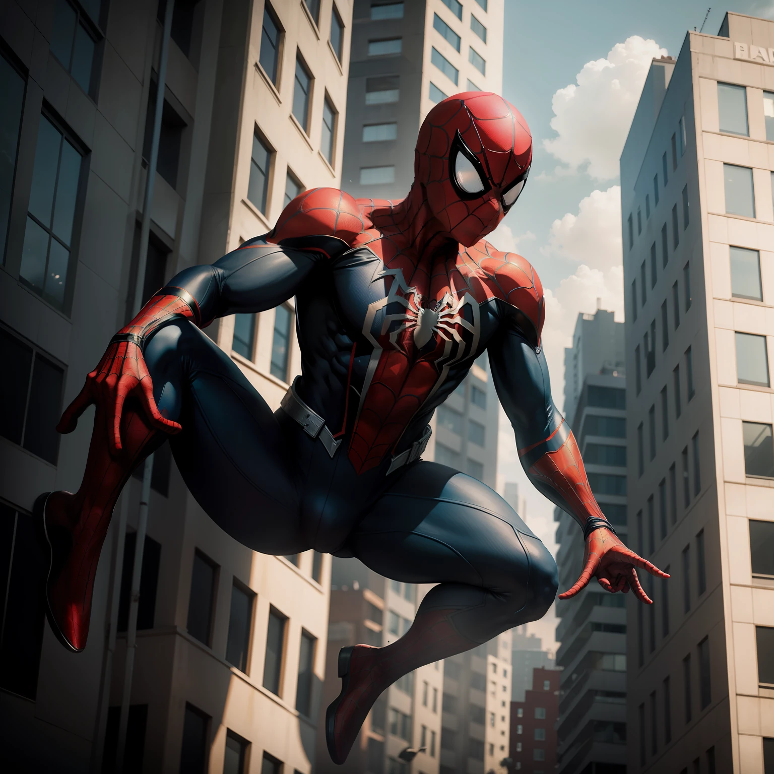 Create an image of Spider-Man descending from a building