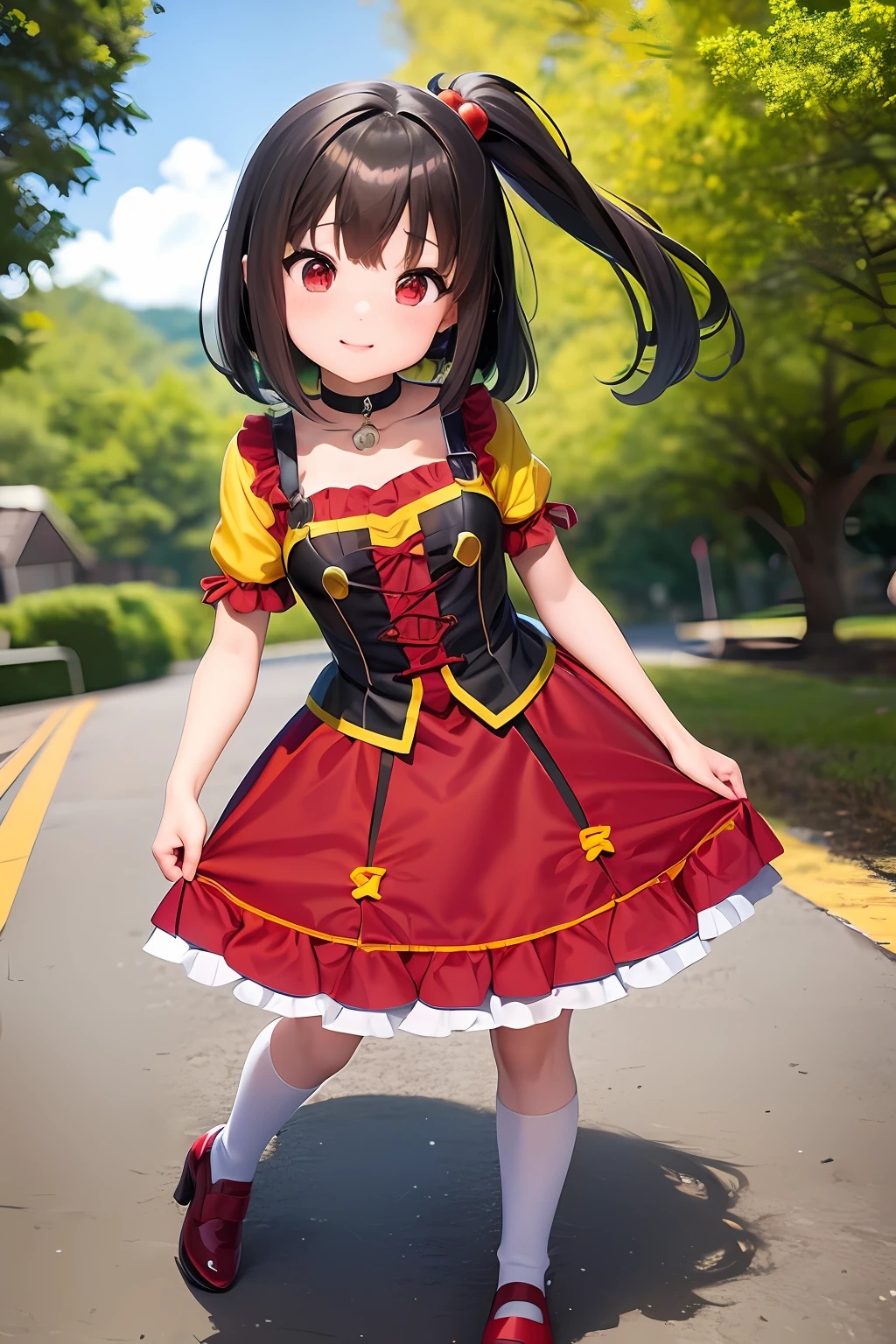 Pequena Menina Megumin anime Konosuba em um vestido vermelho e amarelo, anime moe artstyle, red eyes, cabelos castanhos, cabelo curto,retrato da menina anime bonito, menina anime bonita, render de uma menina anime 3d bonito, menina anime, menina anime retrato, (menina anime)