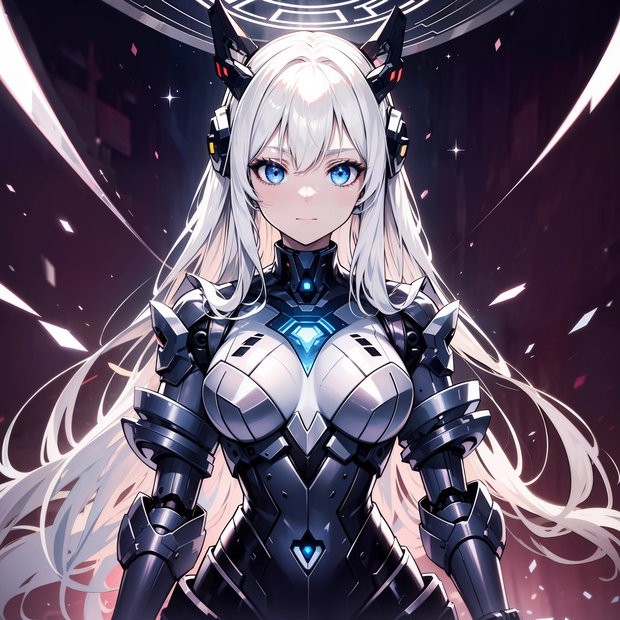 Ray tracing,Demon Theme,Starcloud,Dark aura，Solo,Alone,Mecha musume,mechanicalparts, robotjoints,single mechanical arm, Headgear, Mechanical Aura,Star halo,complex mechanical bodysuit, mecha corset, komono, Full armor, Very long hair, Pure white hair, Colored inner hair, White eyes,glowing light eyes,eye trail, Random expressions,random action, starrysky,skylines