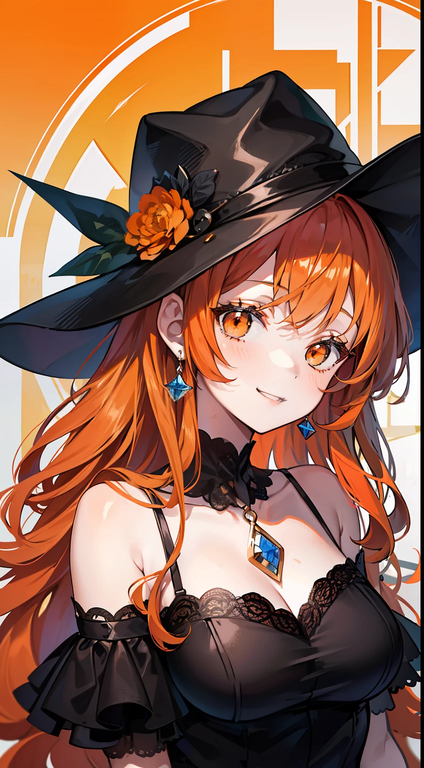 adult girl, long curly orange hair, Orange Eyes, black dress and hat, ssmile, Masterpiece, hiquality