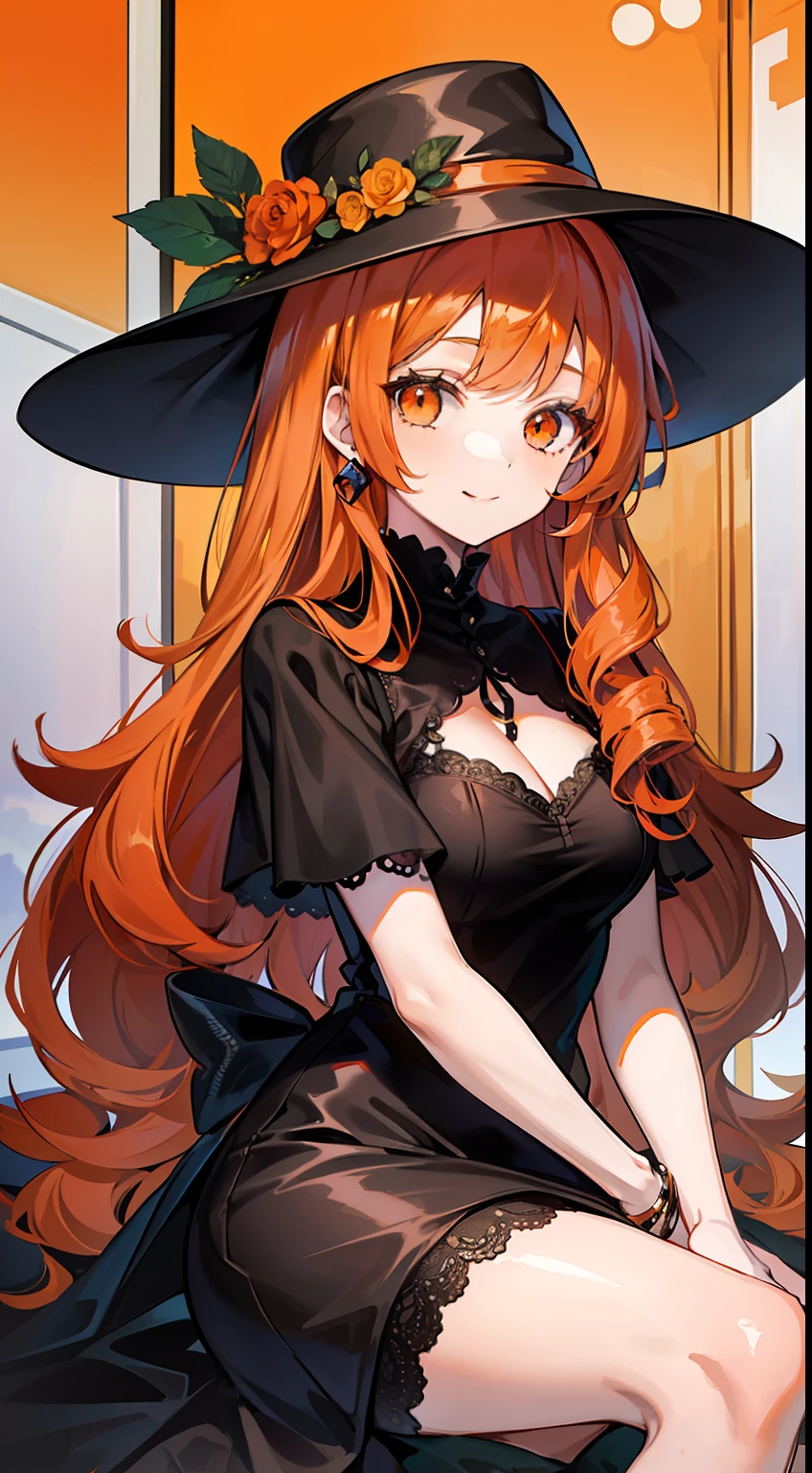 adult girl, long curly orange hair, Orange Eyes, black dress and hat, ssmile, Masterpiece, hiquality