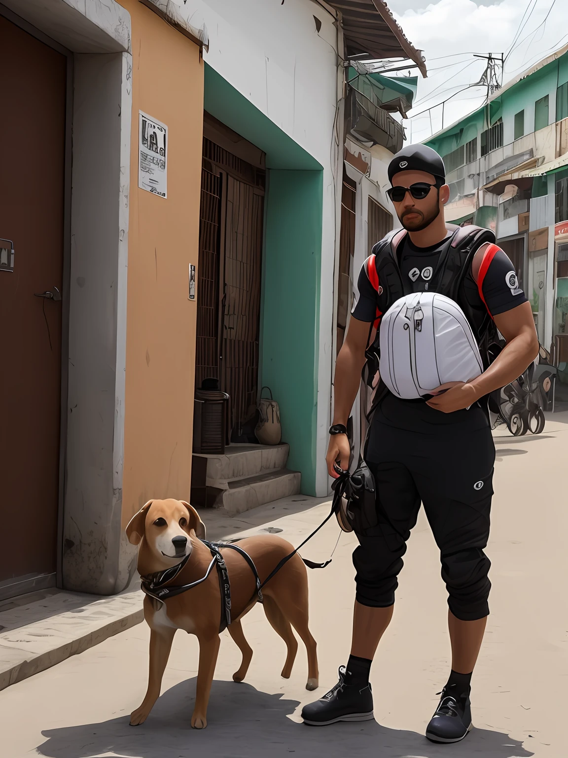 homem forte e musculoso, baixinho, rua com raiva, mochila, epic realistic, foto, desbotado, coisas complexas ao redor, fundo intrincado, encharcado, cores neutras, ((((hdr)))), ((((cores suaves)))), cena intrincada, Artistic Station, detalhes intrincados, vinheta. Levantandado uma moto bros, e cachorro ao lado marrom.