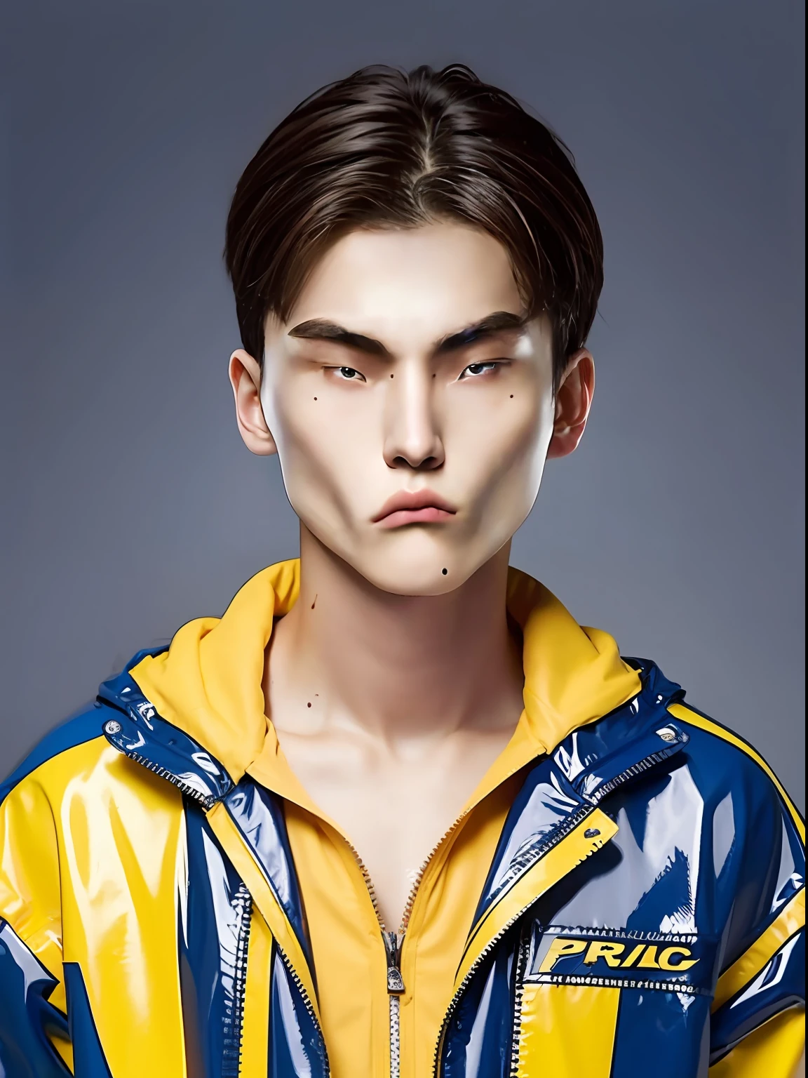 17-year-old male high school student，Wearing PVC yellow-blue tracksuits，Short hair，red brown，face expressionless