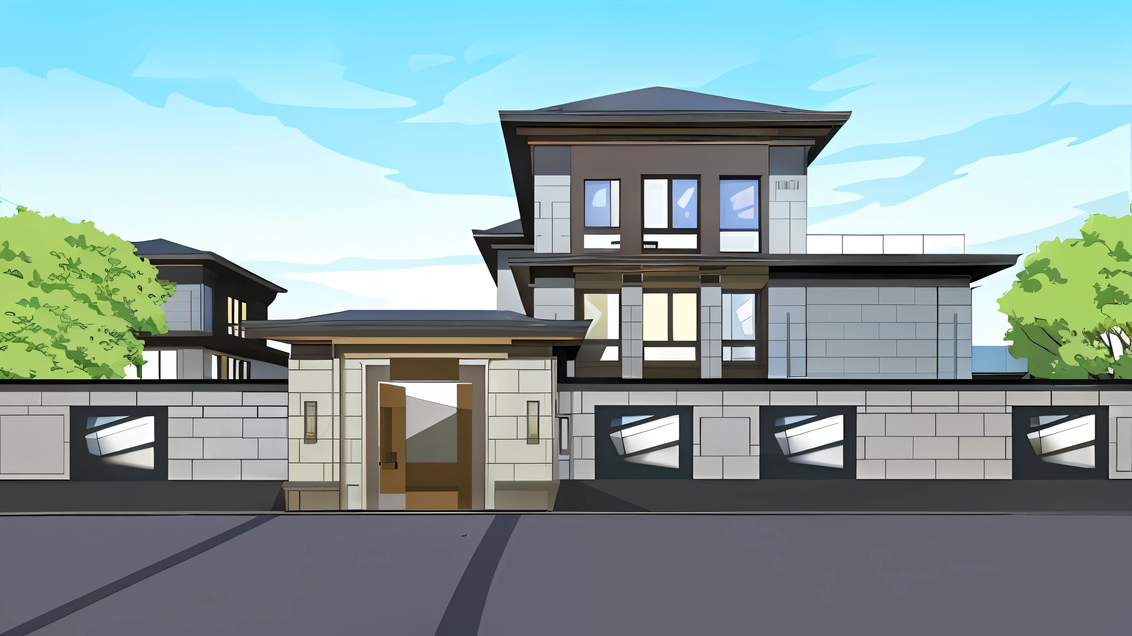 3D style of modern house with garage and garage door, neotraditional modern, Exterior design, up front view, contemporary house, wide establishing shot, inter dimensional villa, one house, custom modern castle, concept house, large modern residence, inspired by Tōshi Yoshida, in style of simplified realism, casa completa, front elevation view, front elevation, Residential houses
