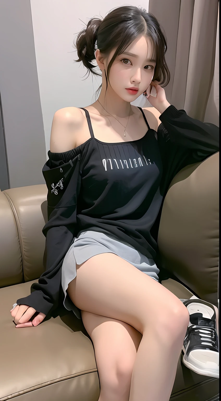 ((Best picture quality, 8K, tmasterpiece:1.3)), 1girll, Casual hairstyle, （off-shoulder blouse，Short pleated skirt：1.3）,（wet see through clothes：1.4），Ultra-fine face, A detailed eye, 二重まぶた，（long leges：1.4），（athletic sneakers：1.3），Sit on your side on the sofa