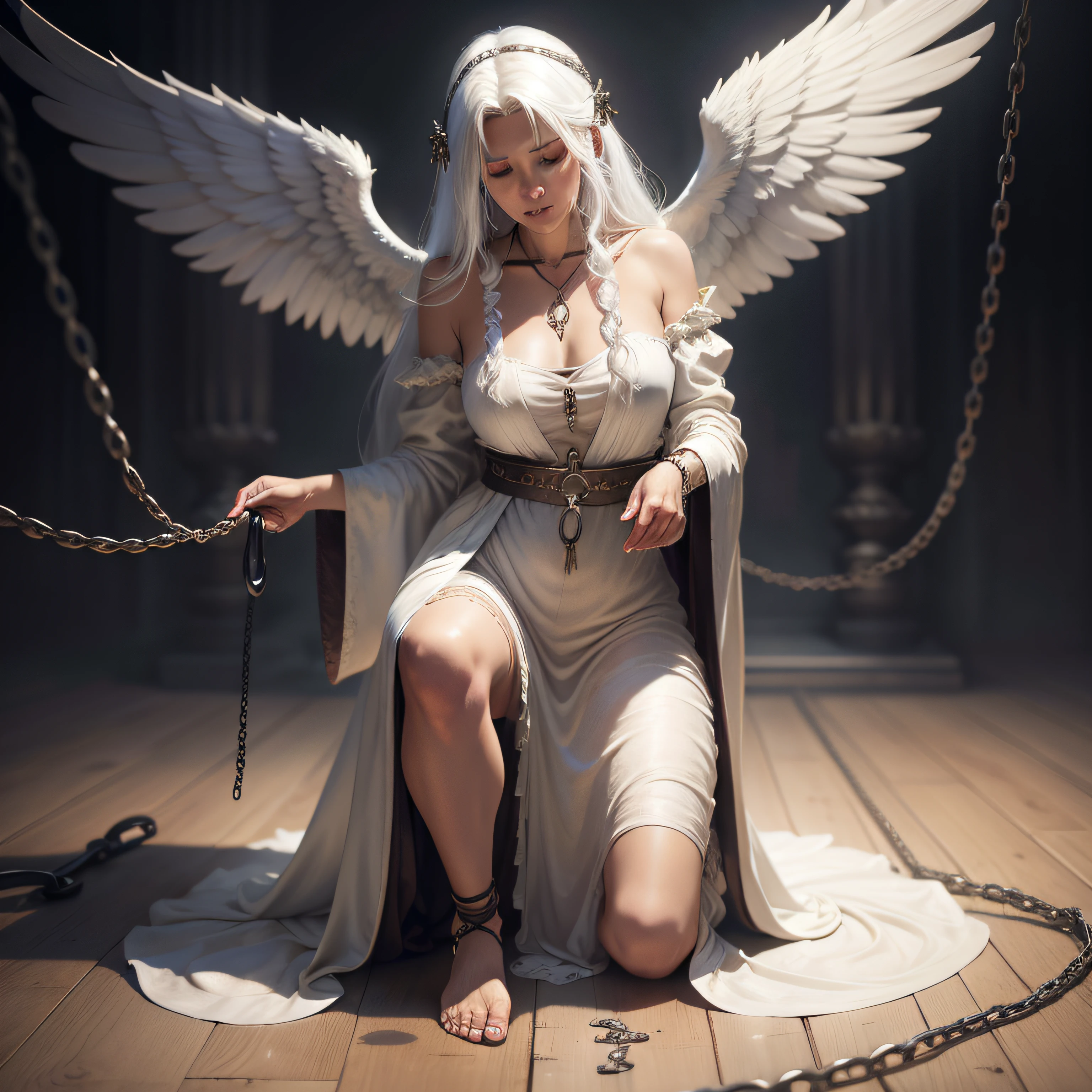 mature angel without wings, restrained with chain, poor robes, long white hair, photorealistic, high resolution