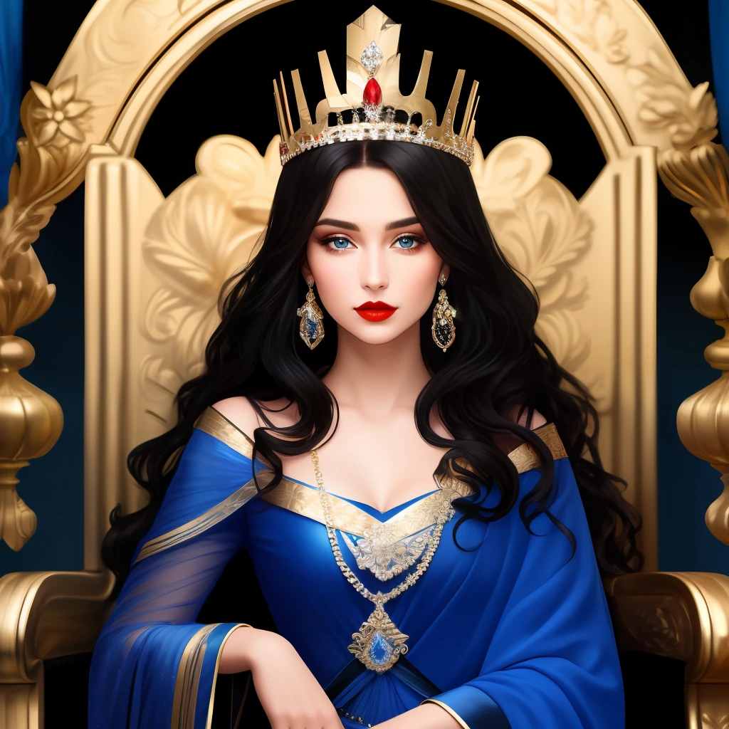 diamond face shape, snub nose, tall, strong body, white skin, long dark black wavy hair and electric blue eyes, high cheekbones and a soft, full mouth, golden tiara crown, powerful, dark red lips, red dress, powerful queen sitting on a throne