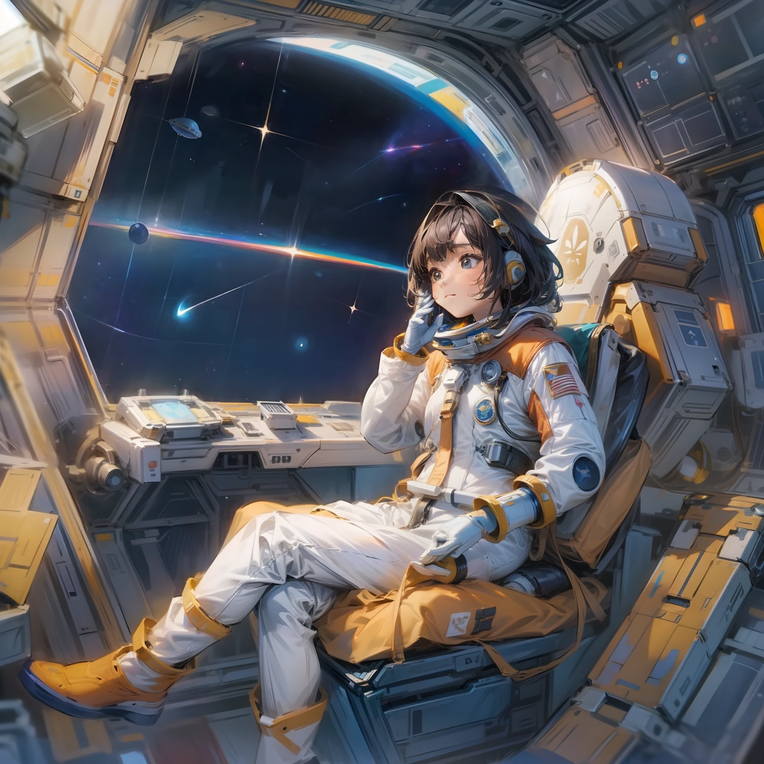 8K、Illustration of a short bob pilot exploring space in ultra-high definition detail。She sits in the cockpit of a spaceship.、Boldly exploring the unknown realm of the universe。It is characterized by her calm and brave figure。

The background is an expanse of outer space、stele々and galaxies are depicted in beautiful space landscapes。She's embarking on an expedition to the ends of the universe.。

Pose sitting in the cockpit of a spaceship、hali々I am holding the helm with a posture of。Her calm expression and confident look express the spirit of a space explorer。

The costume is a spaceship pilot's suit.、Her thirst for space and inquisitive spirit are depicted。Her short bob hair symbolizes the infinite expanse of the universe。

The mysterious colors of the universe spread throughout the illustration.、Her passion for space exploration is highlighted。Her determination as a spaceship pilot is depicted。

The effect depicts outer space and the glow of the stars.、The grand stage of her space exploration is represented。pure、The silence of the universe and her brave figure color the entire illustration。

Background effects depict the grand stage of space exploration、Her appearance as a sober explorer is emphasized。Her space voyage adventures depict the figure of a Short Bob pilot。