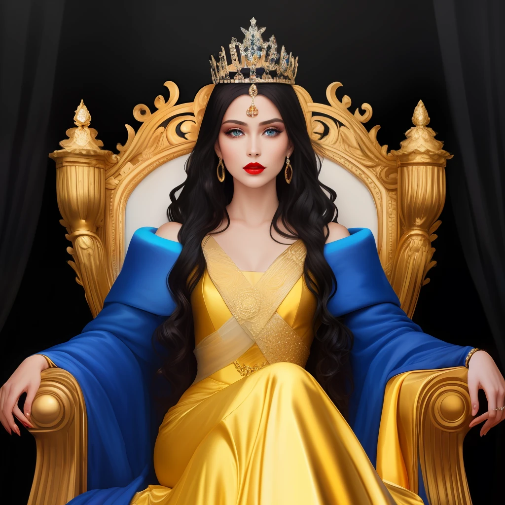 diamond face shape, snub nose, tall, strong body, white skin, long dark black wavy hair and electric blue eyes, high cheekbones and a soft, full mouth, golden tiara crown, powerful, dark red lips, red dress, powerful queen sitting on a throne
