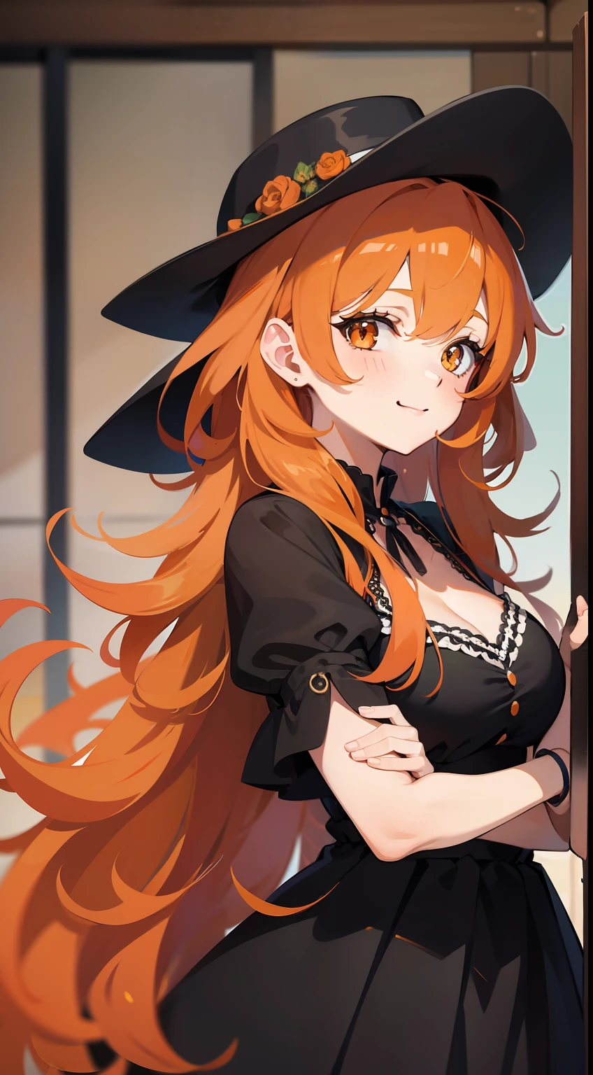 adult girl, long curly orange hair, Orange Eyes, black dress and hat, ssmile, Masterpiece, hiquality