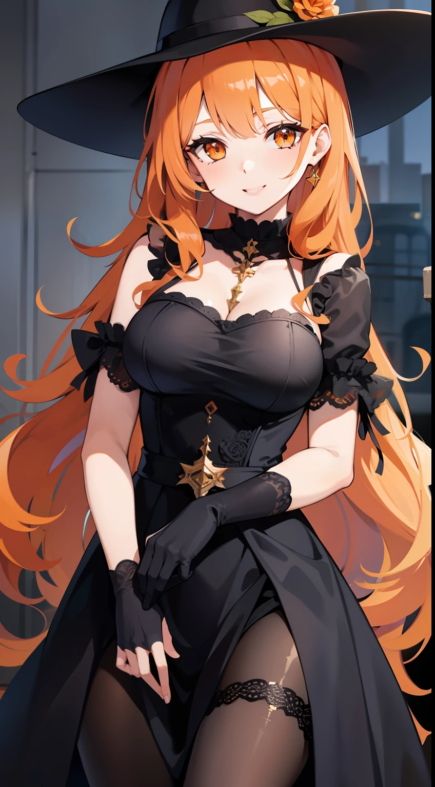 adult girl, long curly orange hair, Orange Eyes, black dress and hat, ssmile, Masterpiece, hiquality