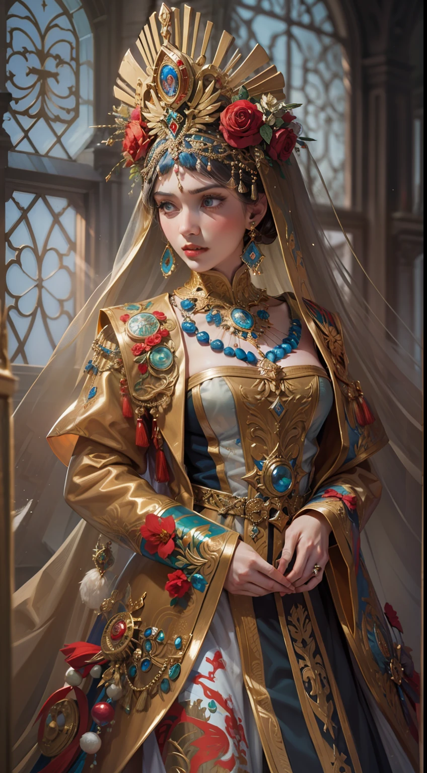 Beautiful woman in insanely intricate Russian tsarina Outfit