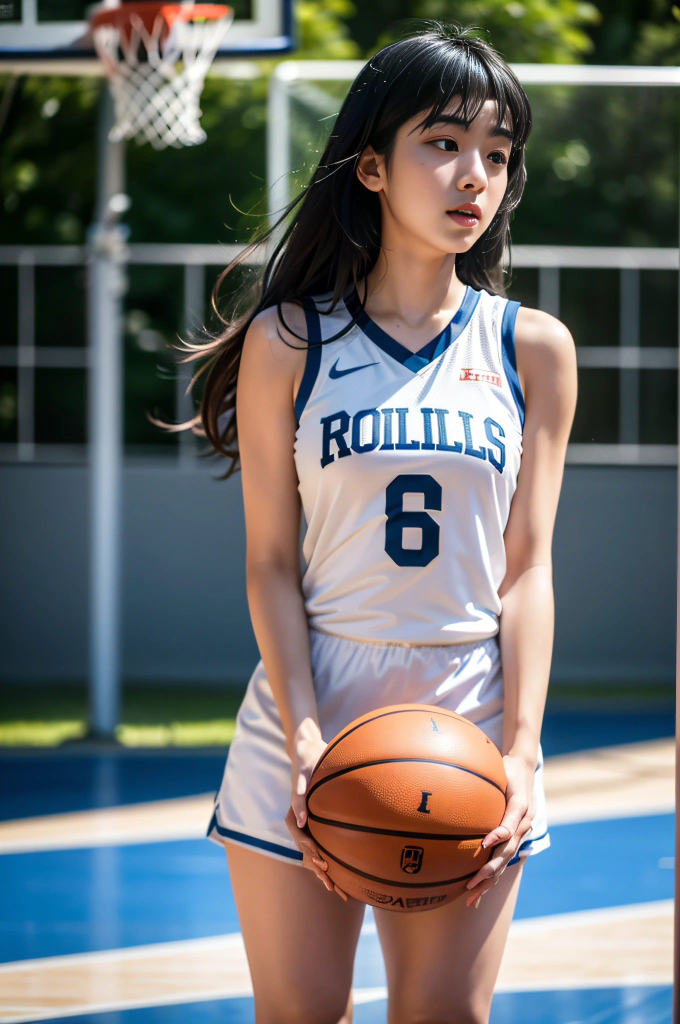 arafed asian woman in a white uniform holding a basketball, wearing basketball jersey, photographed in a Canon EOS R5, shot with Canon EOS R 5, Shot with Canon EOA 6 D Mark II, wearing nba jersey, captured on canon eos r 6, Wearing a volleyball jersey, shot on sony a 7 iii, shot with Nikon Z9, mid shot portrait