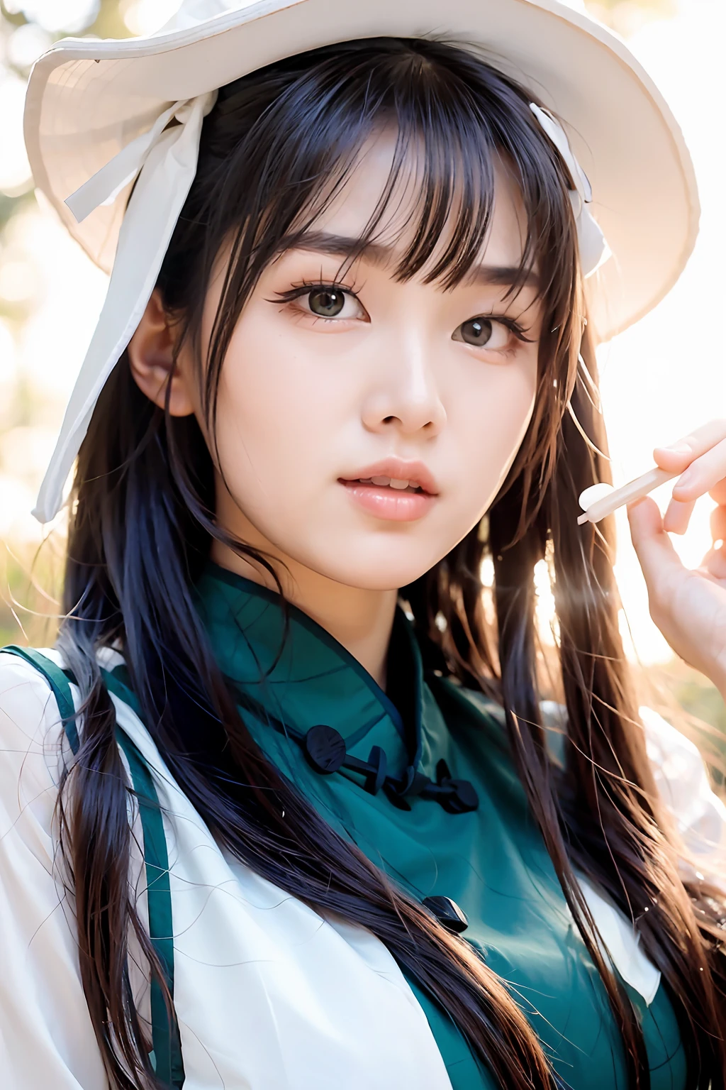 a close up of a woman wearing a hat and dress, cute delicate face, ethereal beauty, beautiful south korean woman, beautiful young korean woman, beautiful asian girl, beautiful delicate face, dreamy and ethereal, Sakimichan, gorgeous young korean woman, girl cute-clear sky-face, very ethereal, a cute young woman, gorgeous chinese model, incredibly ethereal,Wearing a skirt,No chest baring,Hold a flower in your hand to cover your chest