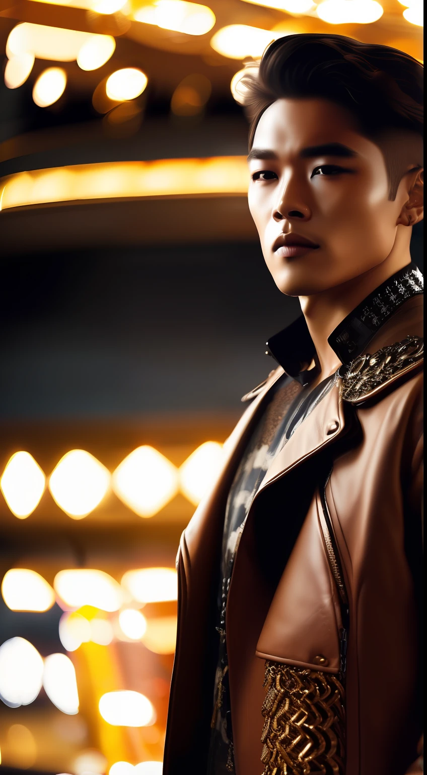 (1 Men,(8K:1.3), Knight image,Asian man photo,Mature men(Best quality, Masterpiece), 超高分辨率:1.2,The silhouette blends in with Korea&Japanese male style,The image is based on a 30-year-old man,The character's facial contours are three-dimensional,Be three-dimensional,Wild like a motorcyclist, Wear leather textured gloves(Full of detail),Short brown hair(Gradient lighting), 1 man, The skin texture is clear, Look ahead,The man's eyes were anxious,Chapped lips,Sweat on the forehead,The eyes are slender, (Photorealistic:1.4), (Best quality:1.0), (超高分辨率:1.0), 8K, RAW photo, (Masterpiece:0.2), (PureErosFace_V1:0.5),Feral male image, Men's leather biker jacket(metallic buttons),Several patterned printed shirts,Wear necklaces and bracelets and 3 metal chains in different styles,A thick rope is tied around the waist, The venue is located in front of the amusement park carousel, The man's expression was nervous,Liso's action,mystical ambiance,Male posture and male facial features(Three-dimensional),Hair is scattered and layered,Lights illuminate the characters from top to bottom,Bare hair,sun light,画面压抑而紧张➕全男性特征元素