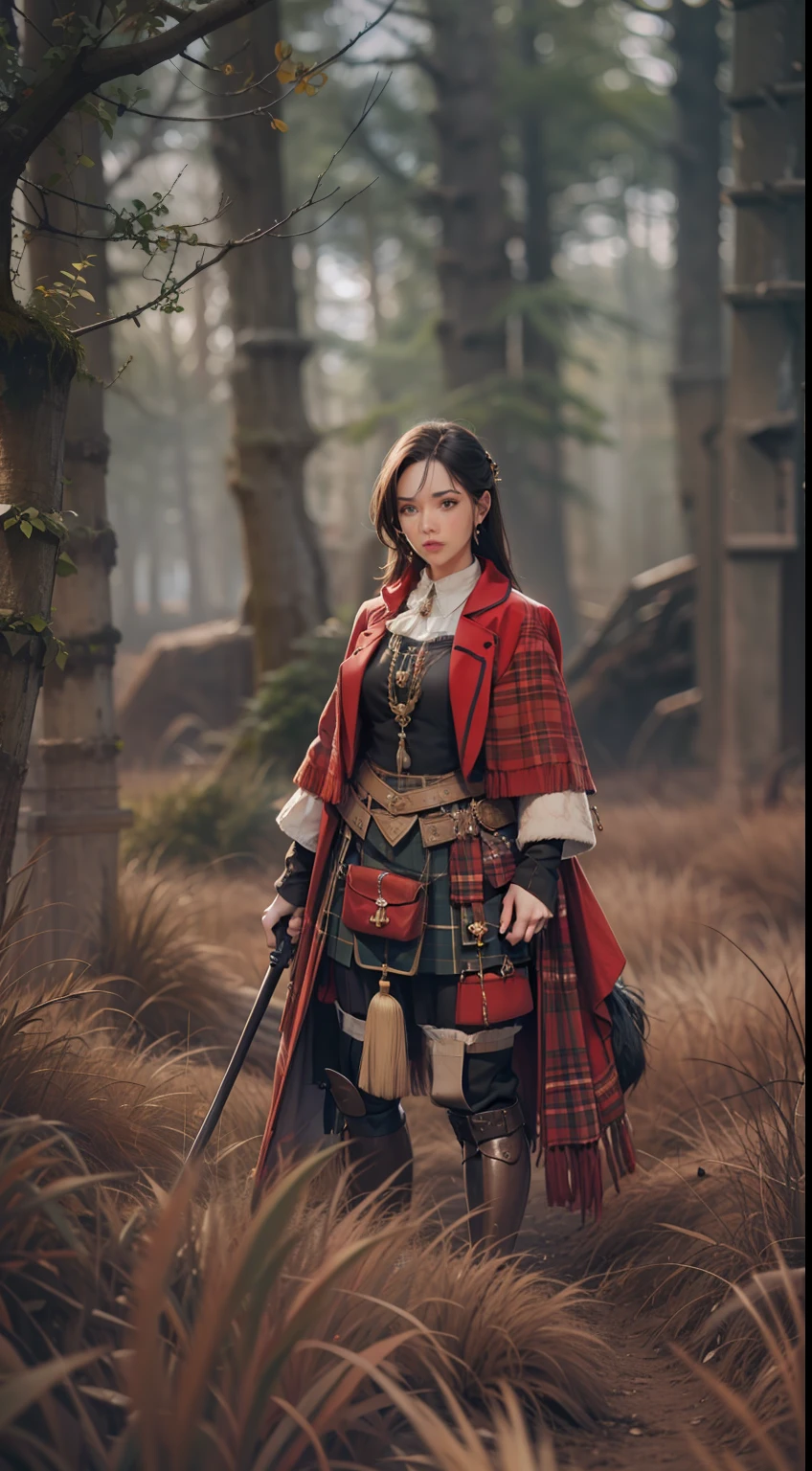 Beautiful woman in insanely intricate Scottish highlander Outfit