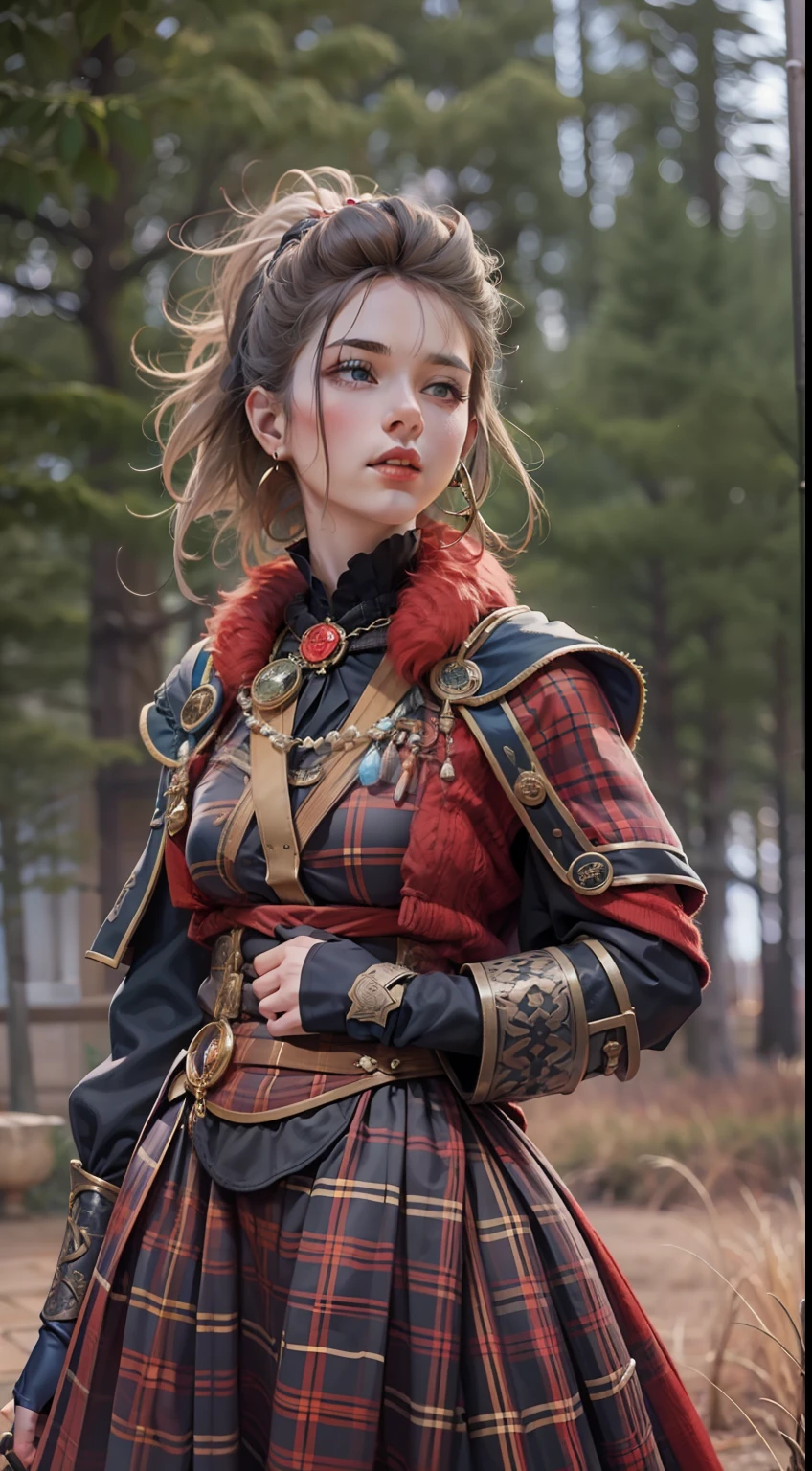 Beautiful woman in insanely intricate Scottish highlander Outfit