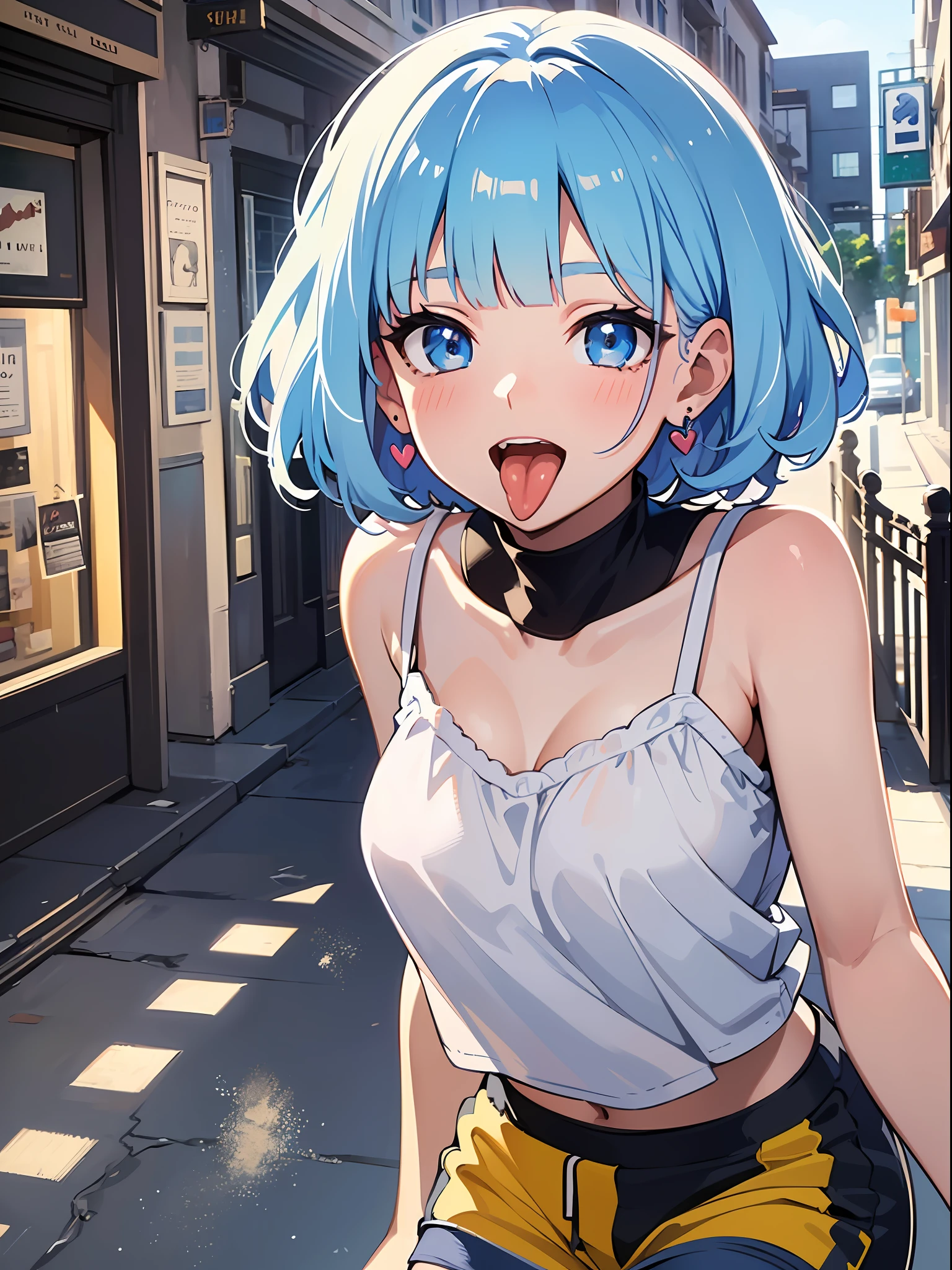 (masterpiece:1.3), (best quality:1.3), high resolution, 


couboy shot, 
leaning forward, body facing forward, 

(one cute girl:1.3), solo, 
white skin, small Breast, eight-headed person, 
light blue hair, (bobbed hair:1.2), (short hair:1.2), (blunt bangs:1.2), beautiful hair, blue eyes, beautiful detailed eyes, 

(tongue out:1.3), blush, open mouth, heart, cheerful smile, 

short pants, camisole, white and blue clothes, earrings, 

outdoors, busy street, (white background:1.2), 

shadowlighting,