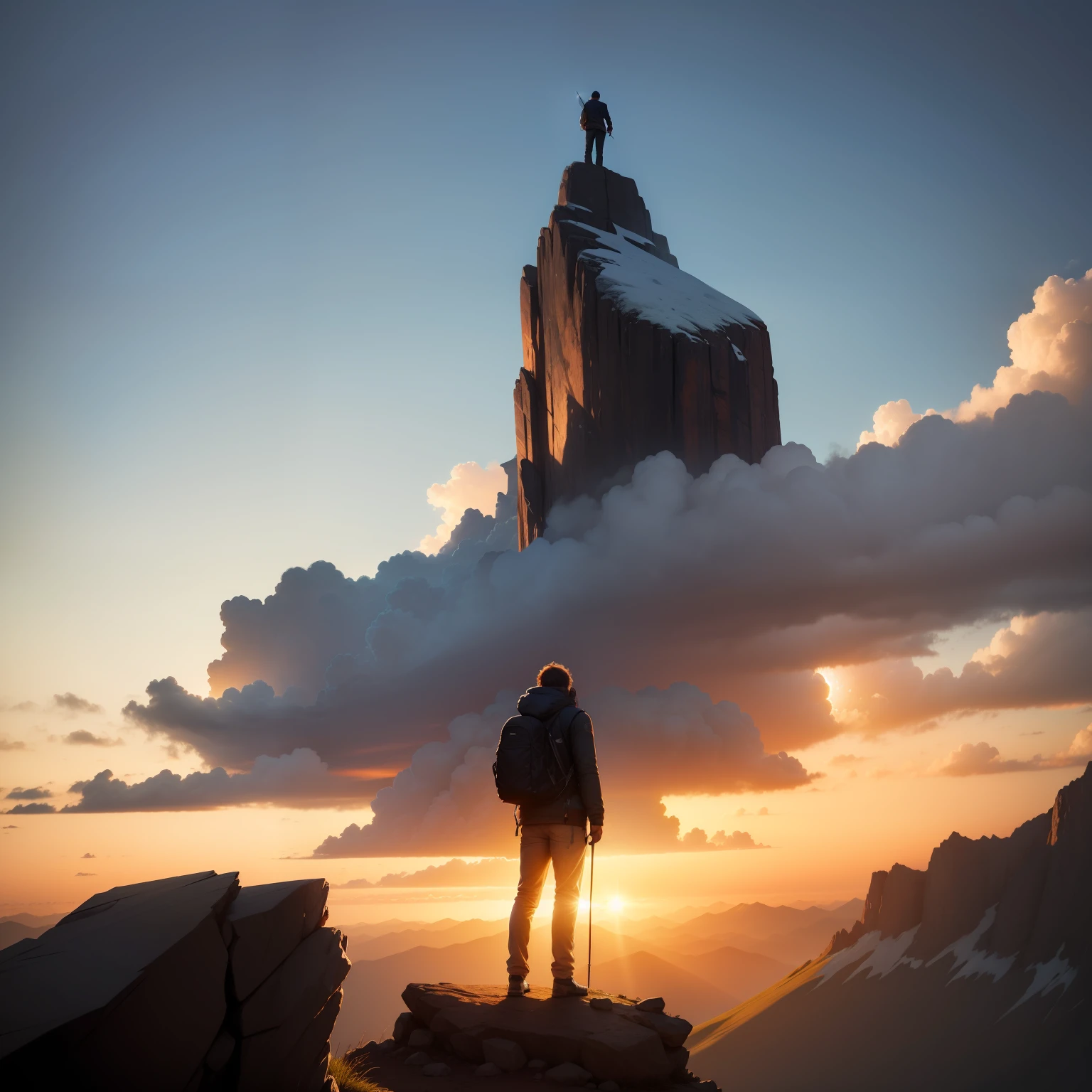 Man on a mountain looking at the sun thinking to gain personal motivation, alta resolução, alta qualidade