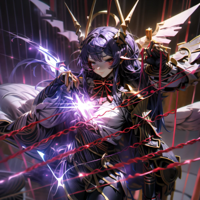Demonenangel female with horns, giant wings and heavy cyber armor with neon lights in the colors purple gold with red decorations. 8k.3D, blutmond in hintergrund mit einer burg