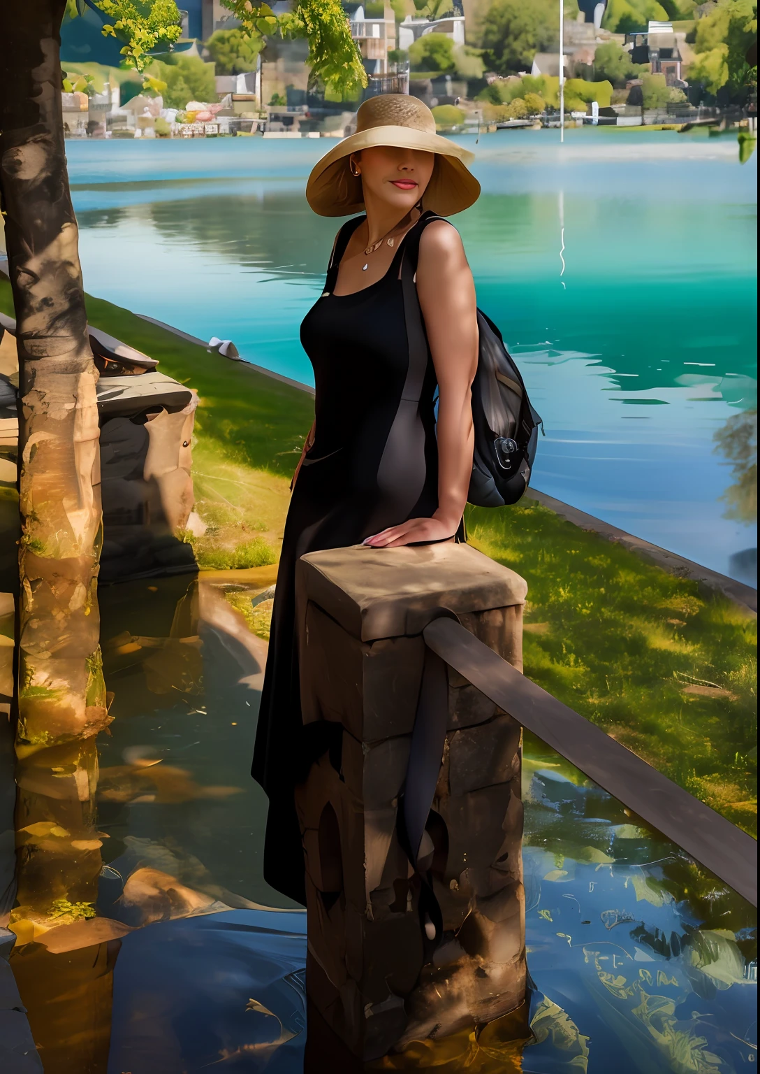 A woman in a hat and dress stands by the lake, at the waterside, in a black old dress and hat, in a black dress and hat, beautiful surroundings, In a travel hat, in the park and near the lake, standing next to water, in the city park, near a lake, On a sunny day, In a wide hat from the sun