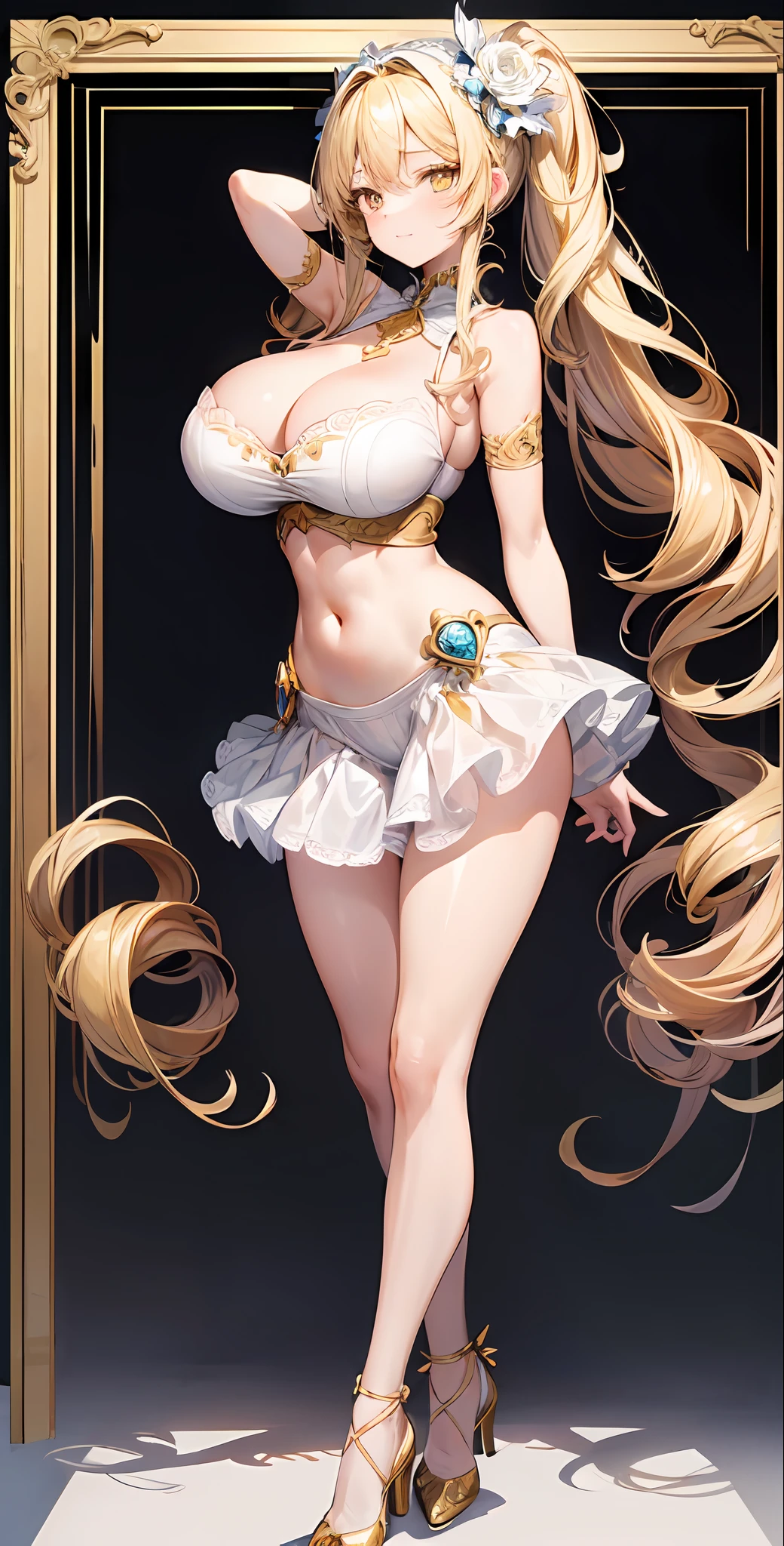 (masterpiece), best quality, expressive eyes, perfect face, laughter, 1girl, standing, full body, athletic body, long blonde hair, huge breasts, cleavage, short white dress, drill hair, flower, hairband, hugh heels, navel, ojou-sama pose, ringlets, wavy hair, yellow eyes
