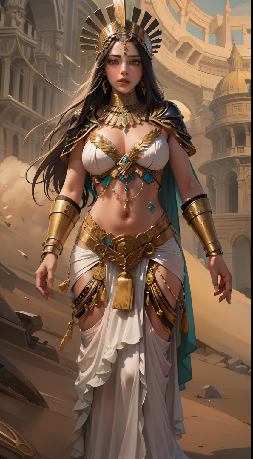 Beautiful woman in insanely intricate Sumerian priestess Outfit