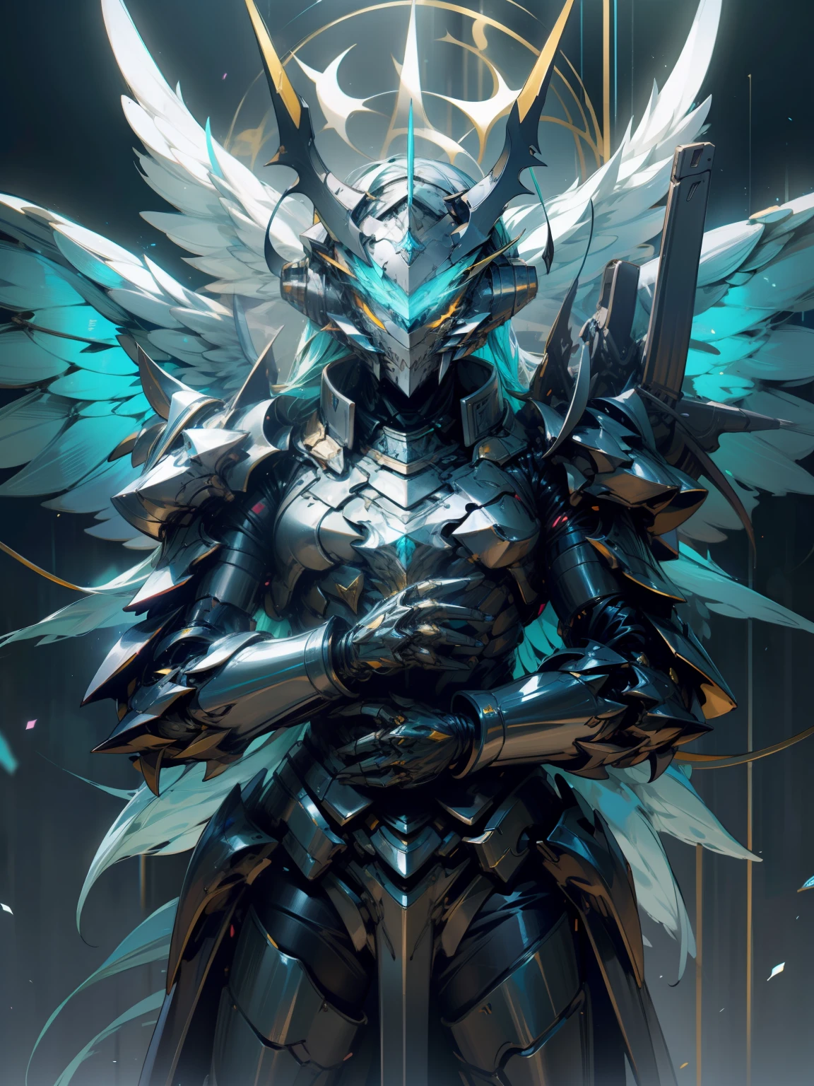 Demonangel weiblich with horns on the head, huge wings and a heavy cyber armor with neon lights blue white with golden decorations
