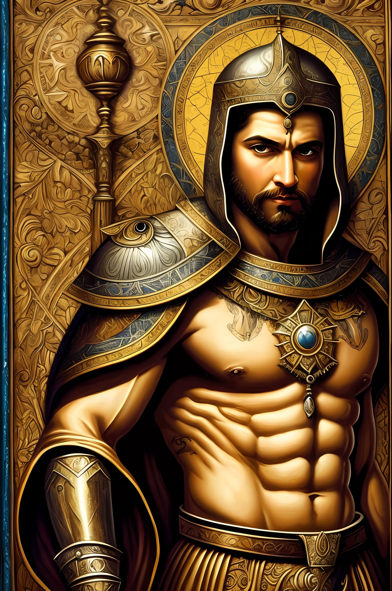 (Obra prima) (8K) (ALTAMENTE DETALHADA) (alta qualidade) pintura de um homem atletico, musculoso, em armadura romana completa com uma espada e escudo, pintura de um cavaleiro romano do seculo V, pintura restaurada, portrait of saint of the pit, pintura renascentista de um cavaleiro, segurando seu tridente, Arcanjo Miguel, saint of the pit, inspired by Mór Than, Grande Rei de Stovokor, com espada grande, Pintura de Golias, imagem de um guerreiro masculino adulto --auto --s2