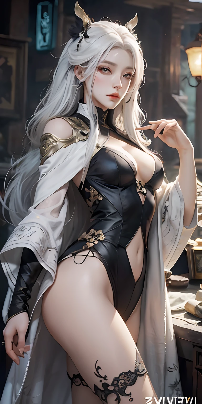 A woman with white hair and a white mask，Belle peinture de personnage，Guwiz，guviz style artwork，Gray-haired，Yang J，Epic and beautiful character art，Stunning character art，FAN Qi，Wu Zhun Shifan，Guvitz at the Pixiv Art Station，legged，a whole body